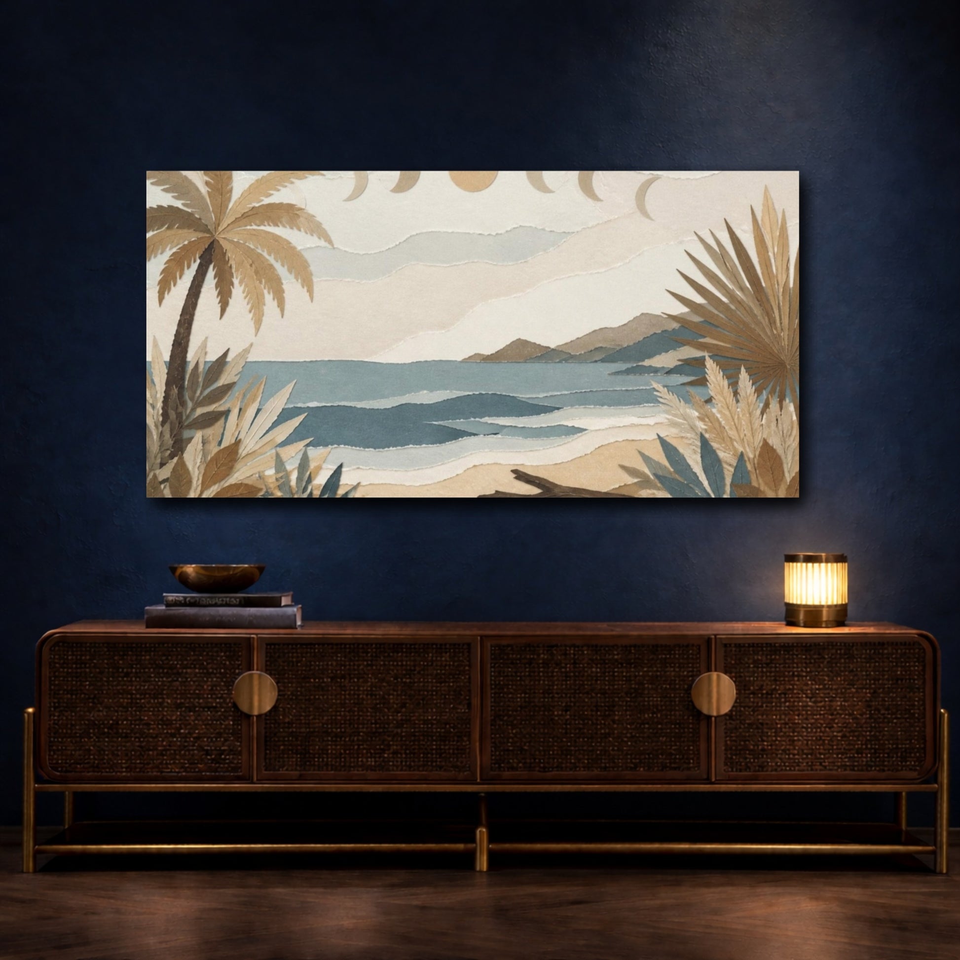 Mockup 4. Boho Palm Shoreline shown as canvas print