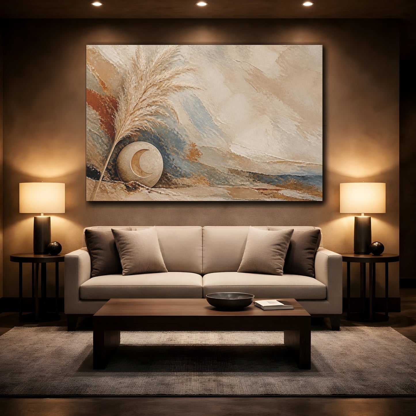 Mockup 2. Boho Pampas Moon shown as canvas print