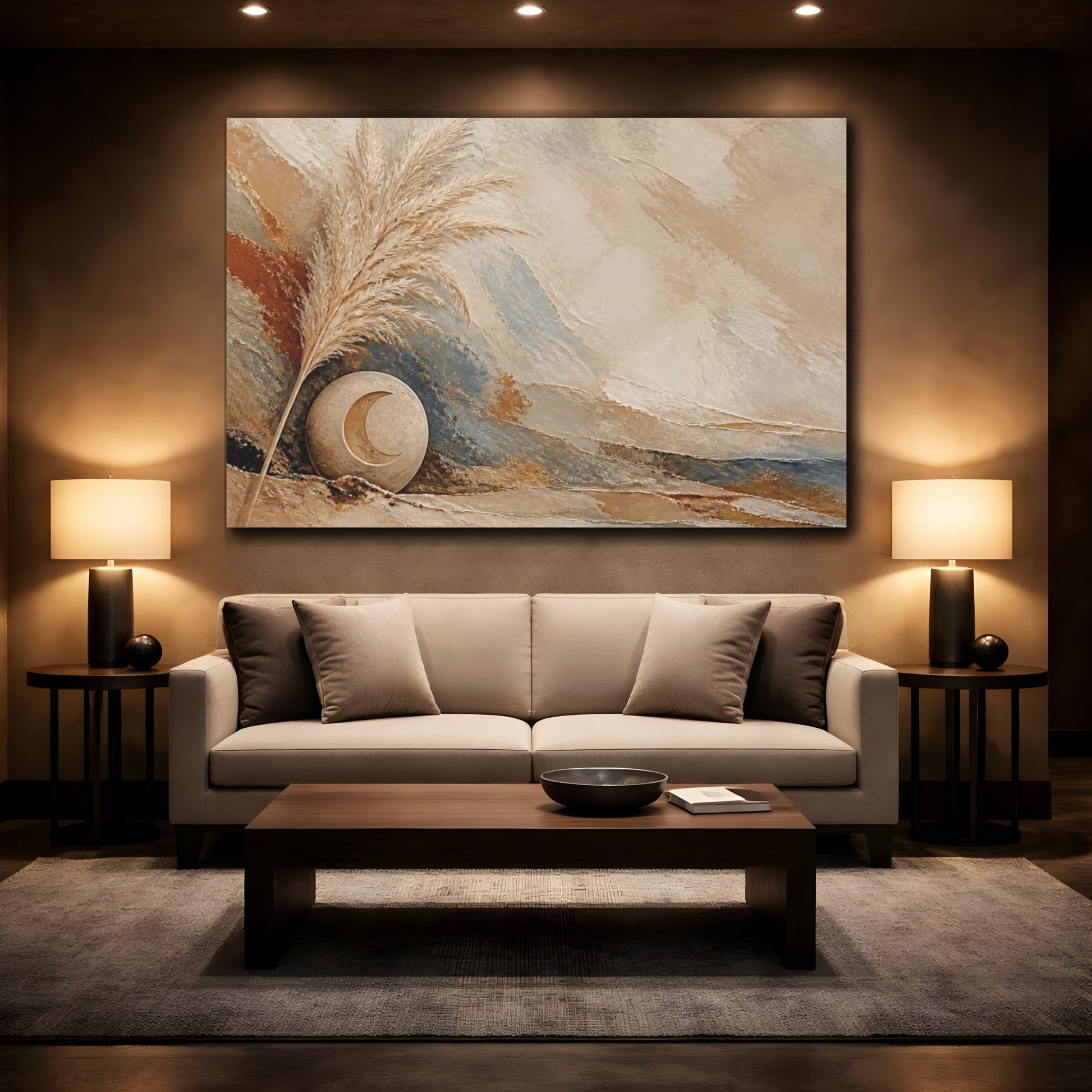 Mockup 2. Boho Pampas Moon shown as canvas print