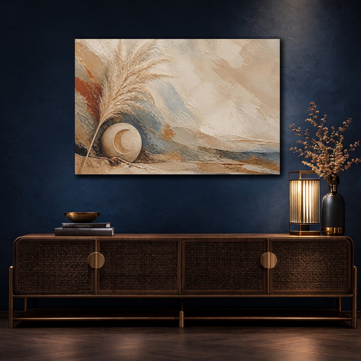 Mockup 4. Boho Pampas Moon shown as canvas print