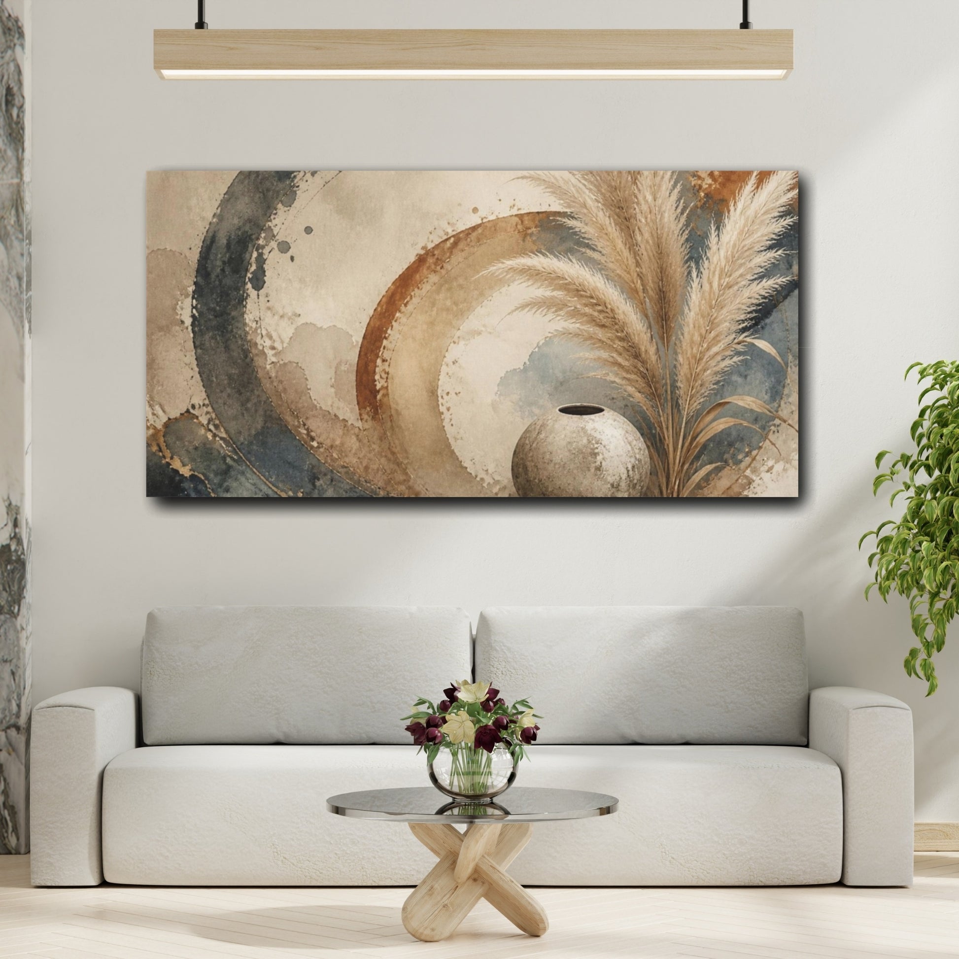 Mockup 2. Boho Pampas Plume Still Life shown as canvas print