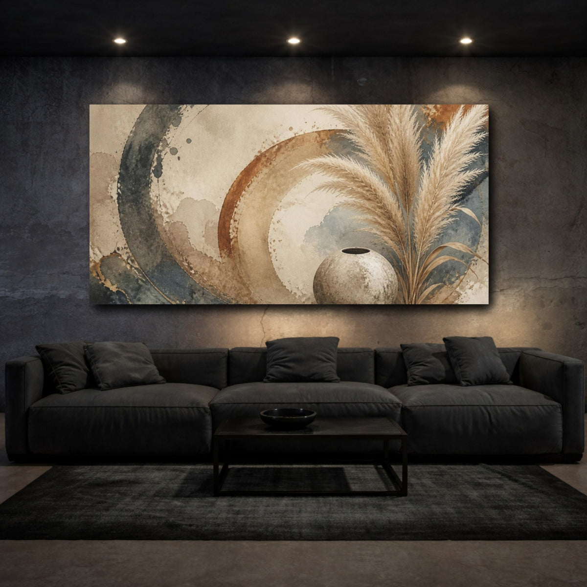 Mockup 3. Boho Pampas Plume Still Life shown as canvas print