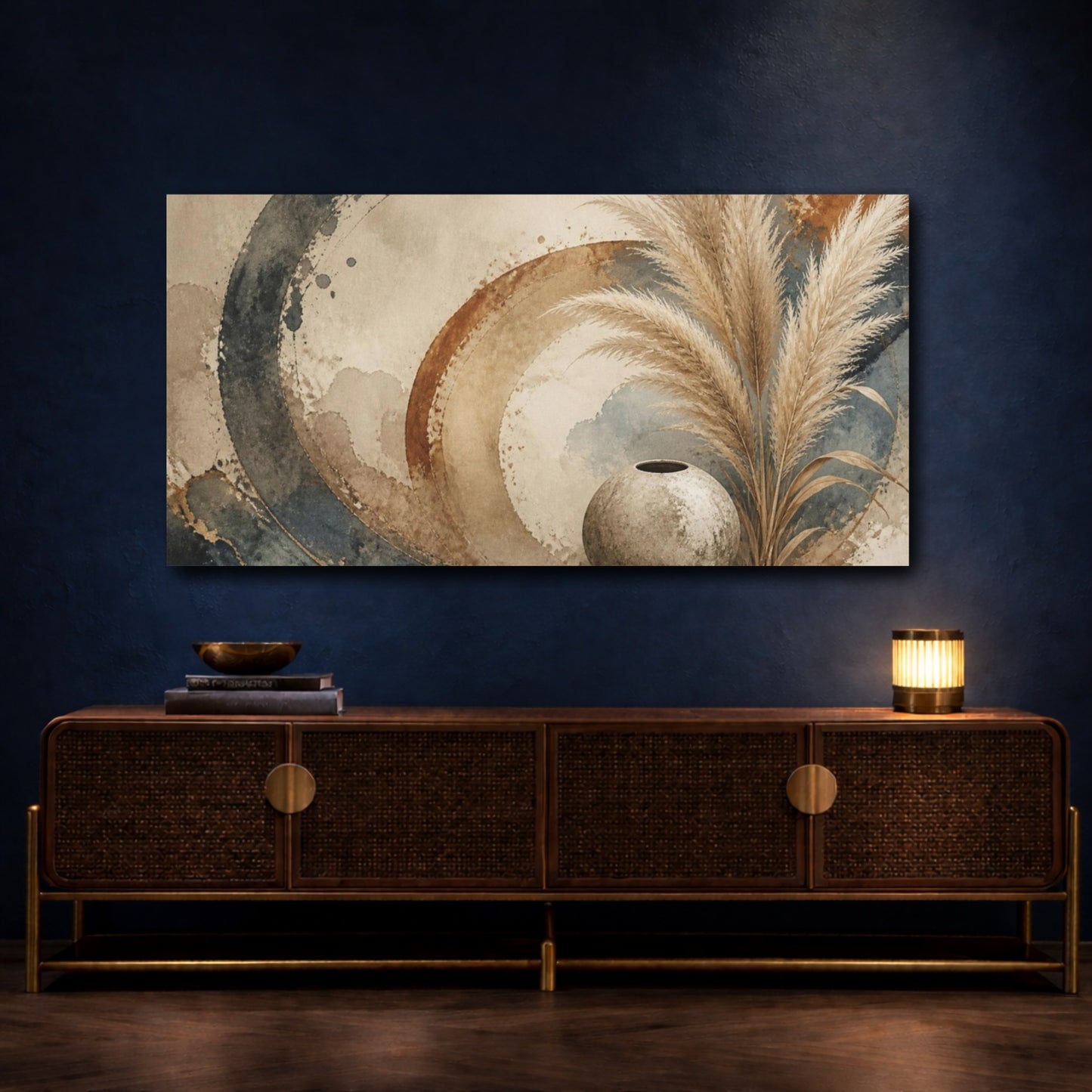 Mockup 4. Boho Pampas Plume Still Life shown as canvas print