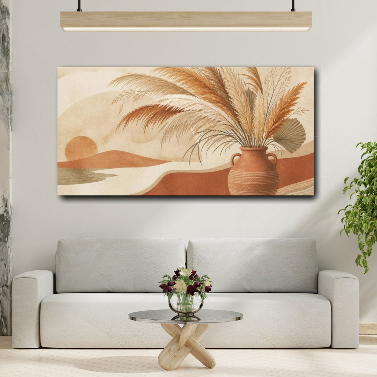 Boho Pampas Vase Arrangement Canvas Print – Living Room, Above Console Table, Terracotta & Cream - YesArtYes