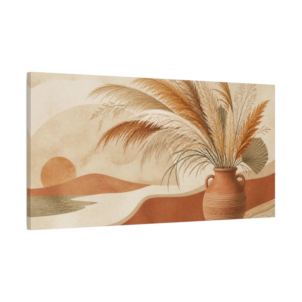 Boho Pampas Vase Arrangement Canvas Print – Living Room, Above Console Table, Terracotta & Cream - YesArtYes