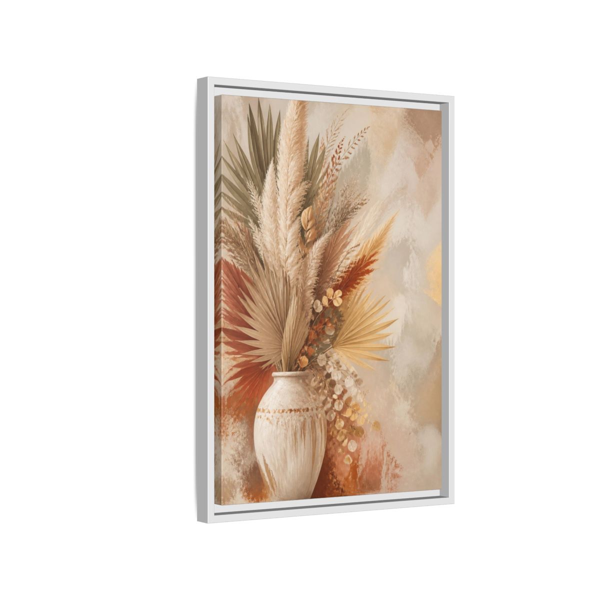 Side Mockup 1. Boho Pampas Vase shown as framed canvas print