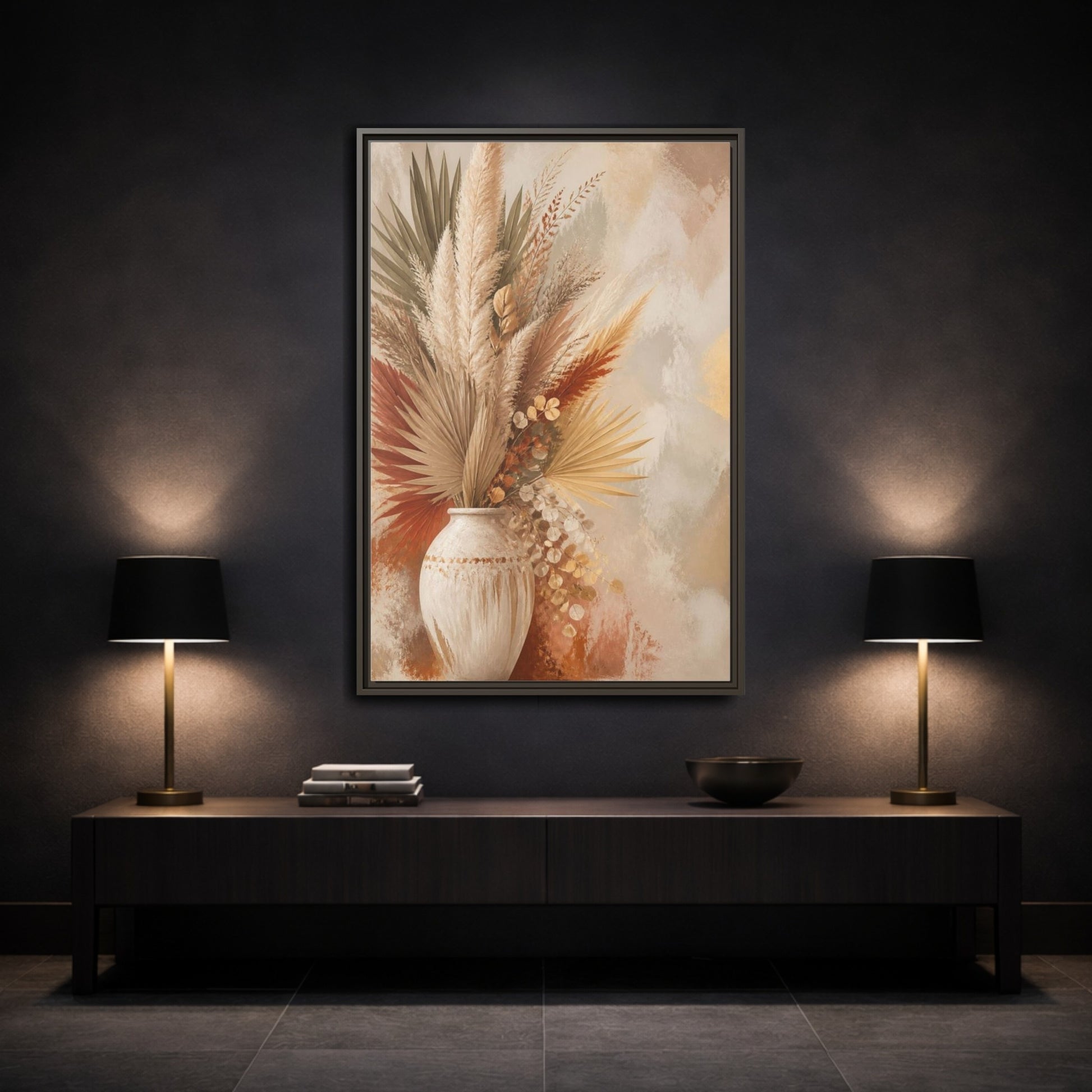 Mockup 3. Boho Pampas Vase shown as framed canvas print