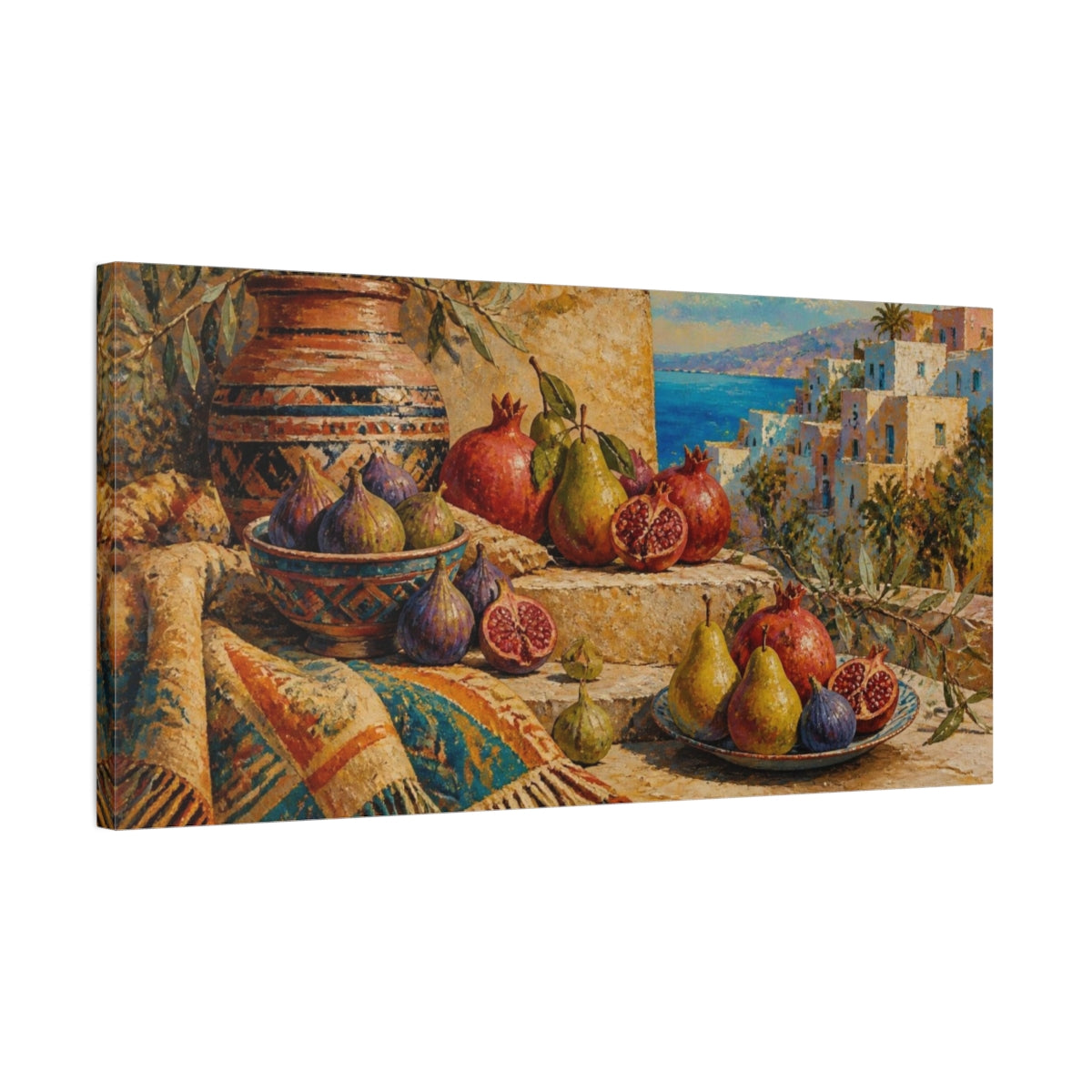 Side Mockup 1. Boho Pomegranate Still Life shown as canvas print