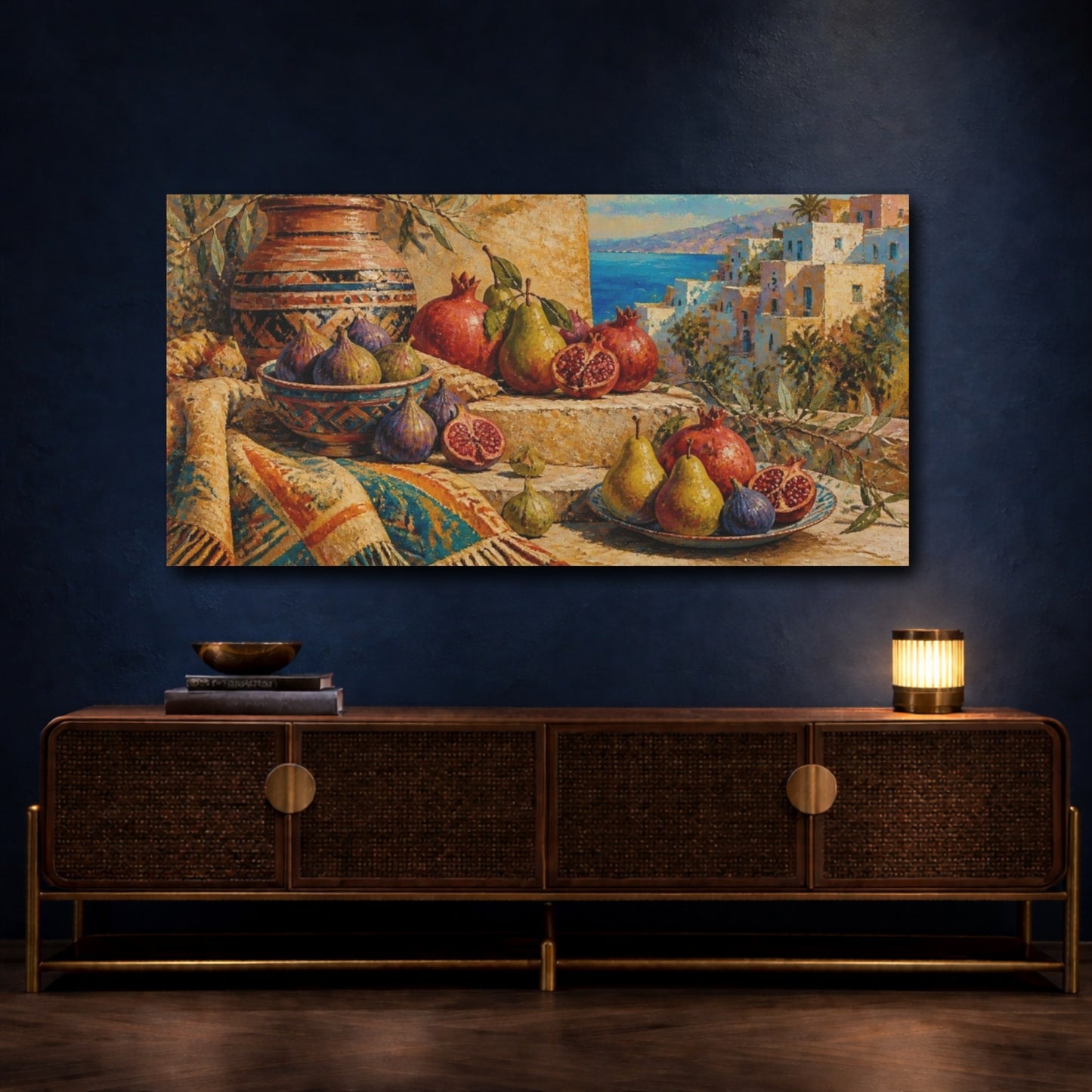 Mockup 4. Boho Pomegranate Still Life shown as canvas print