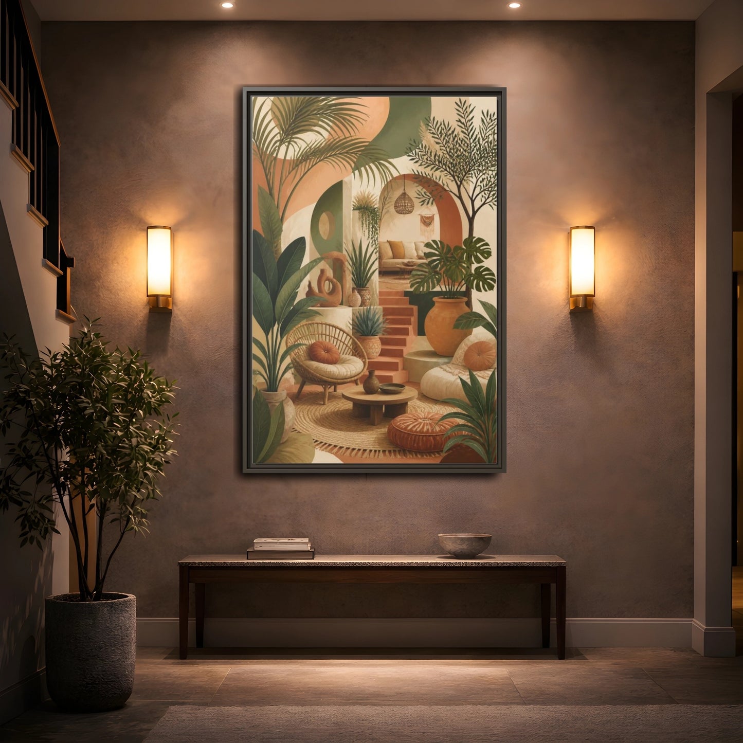 Mockup 2. Boho Potted Plant Alcove shown as framed canvas print