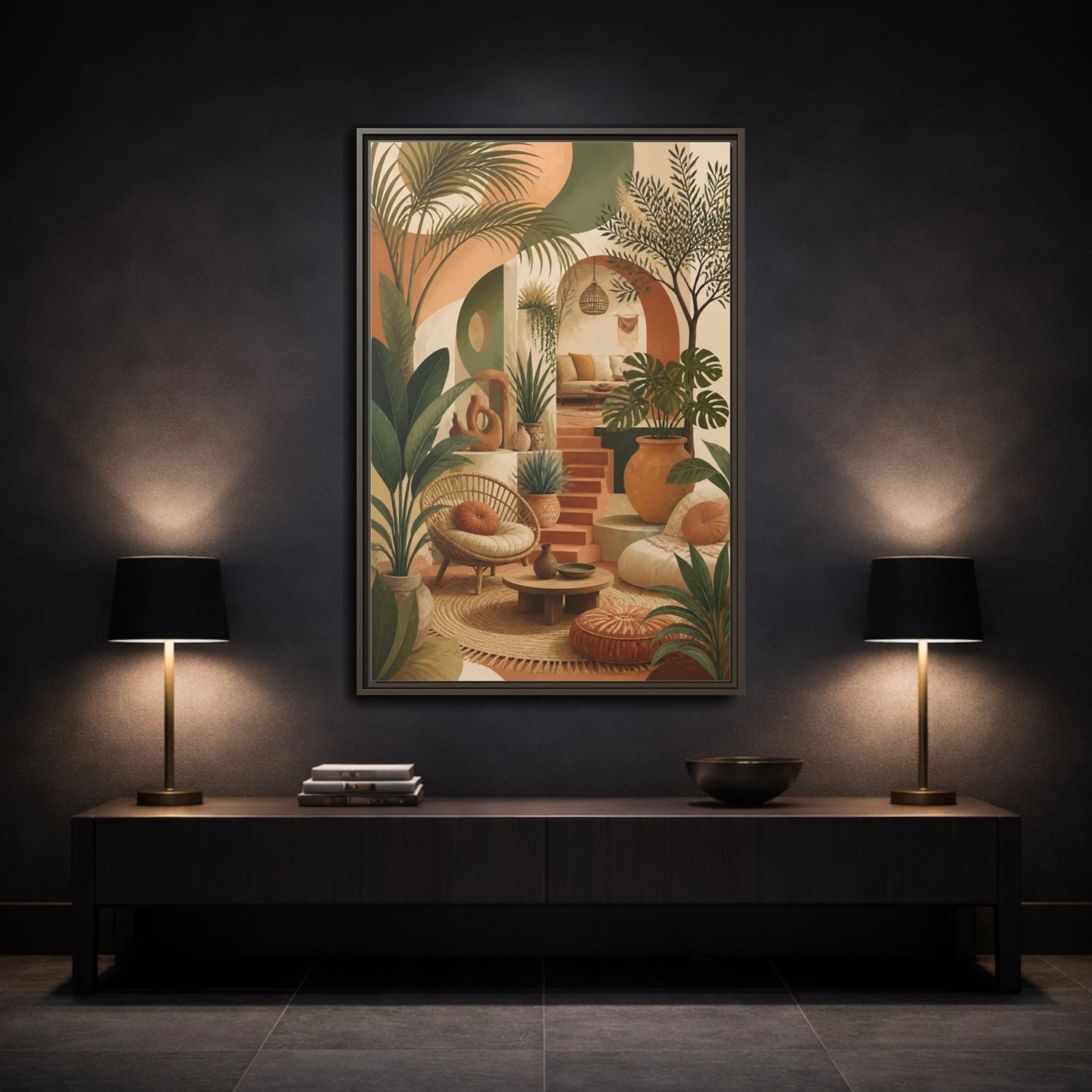 Mockup 3. Boho Potted Plant Alcove shown as framed canvas print