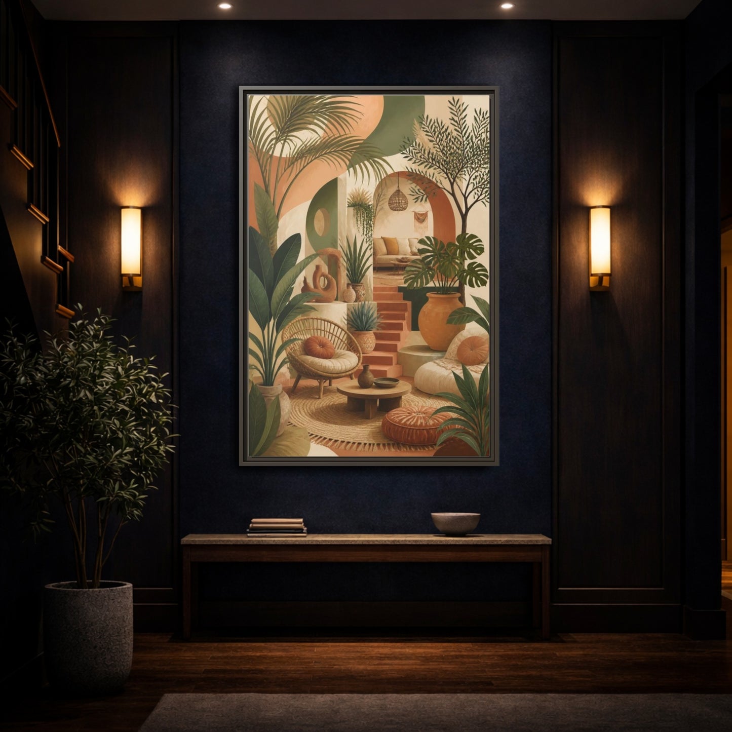 Mockup 4. Boho Potted Plant Alcove shown as framed canvas print