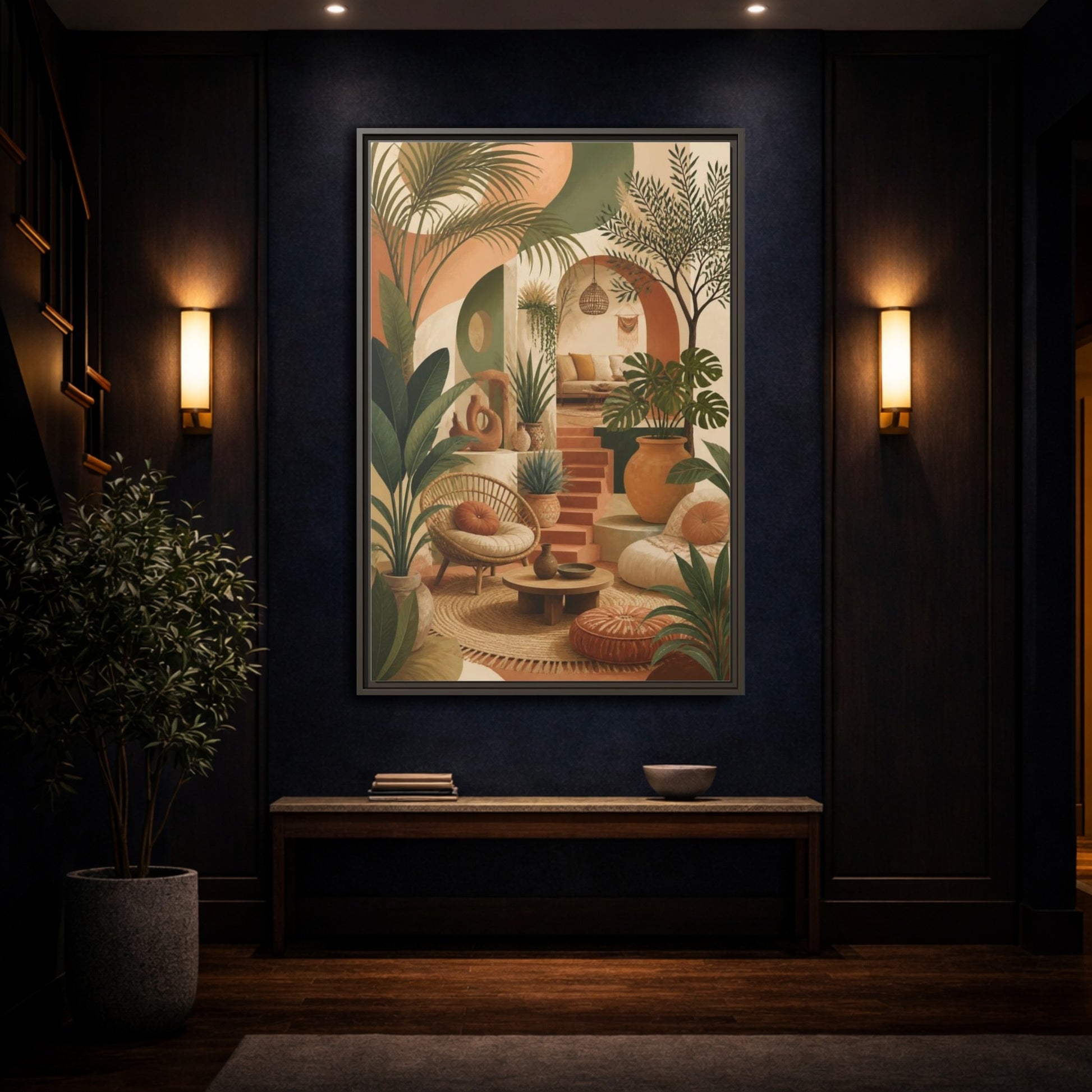 Mockup 4. Boho Potted Plant Alcove shown as framed canvas print