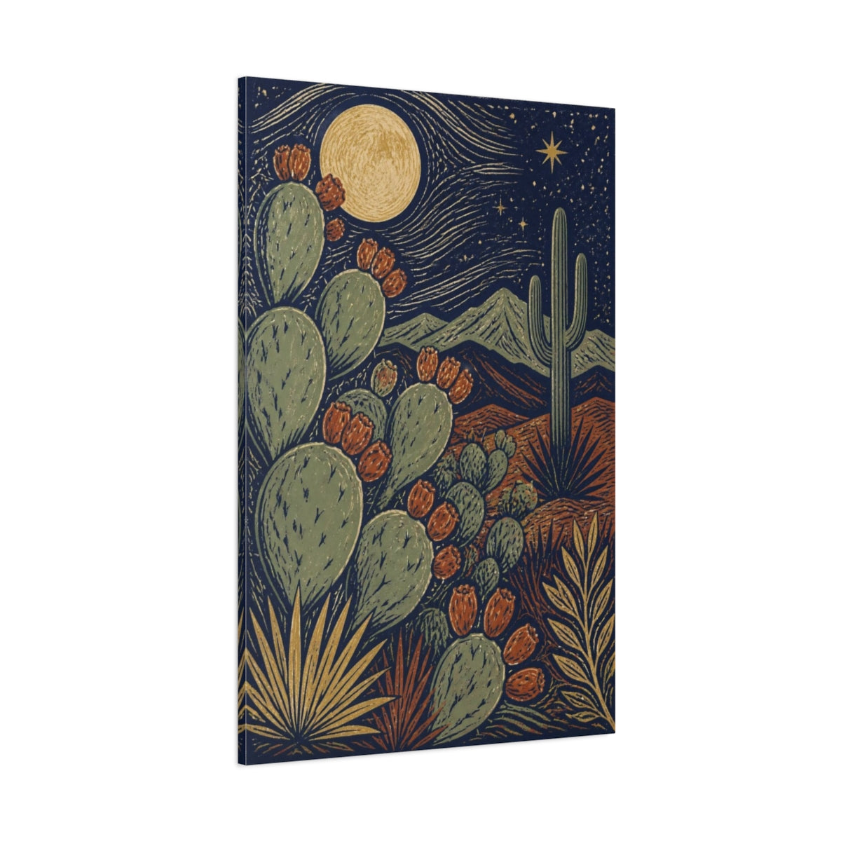 Side Mockup 1. Boho Prickly Pear Moonrise shown as canvas print