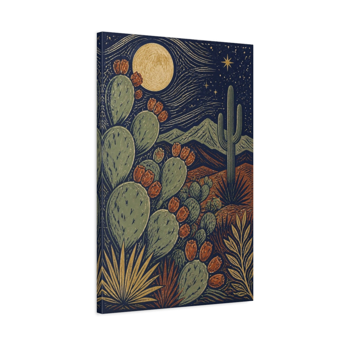 Side Mockup 2. Boho Prickly Pear Moonrise shown as canvas print