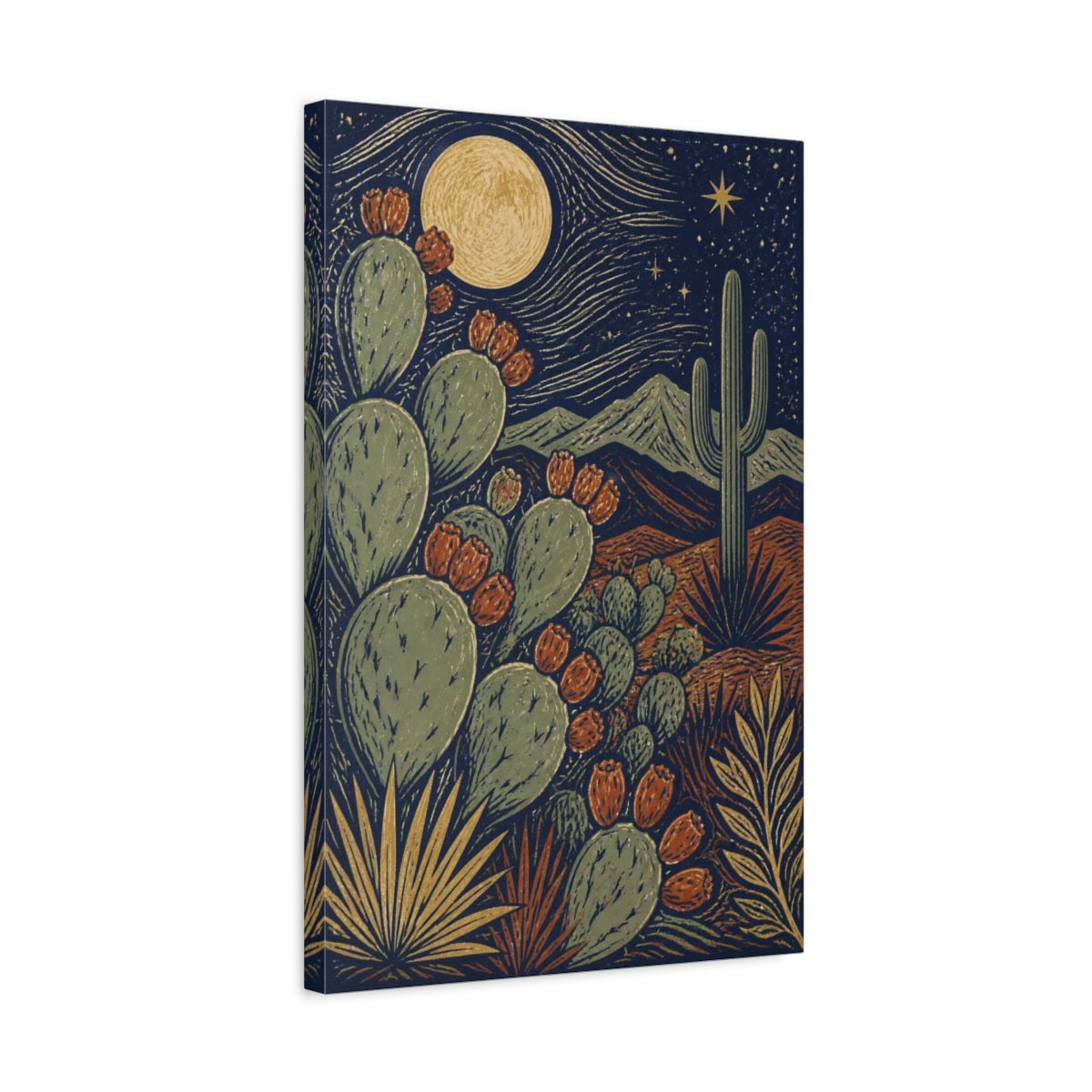 Side Mockup 3. Boho Prickly Pear Moonrise shown as canvas print