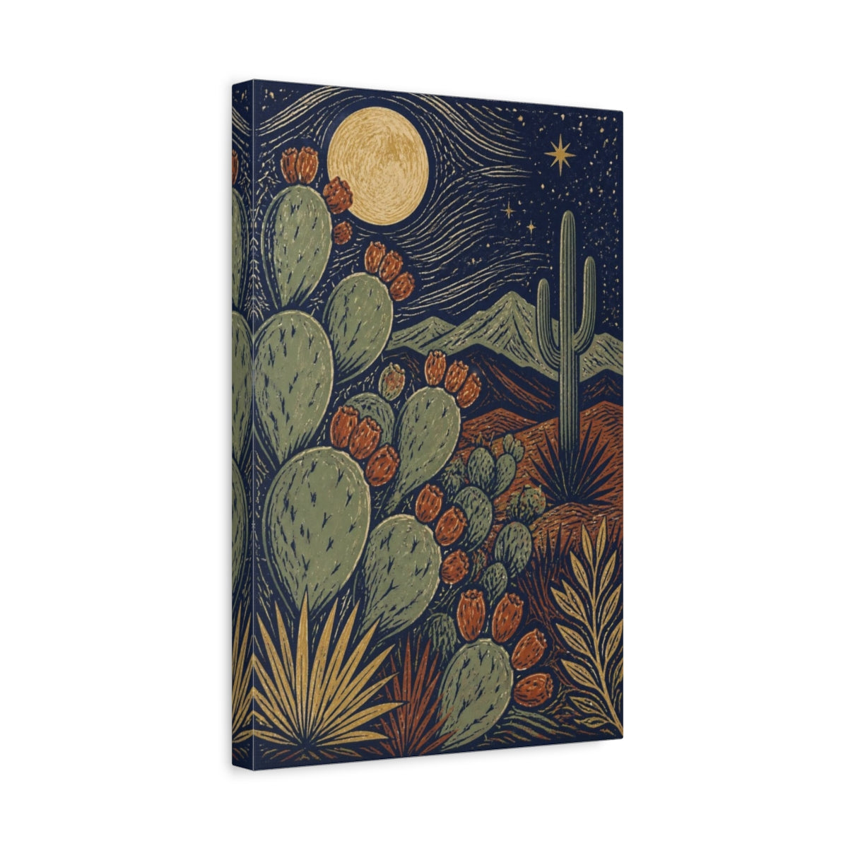 Side Mockup 4. Boho Prickly Pear Moonrise shown as canvas print
