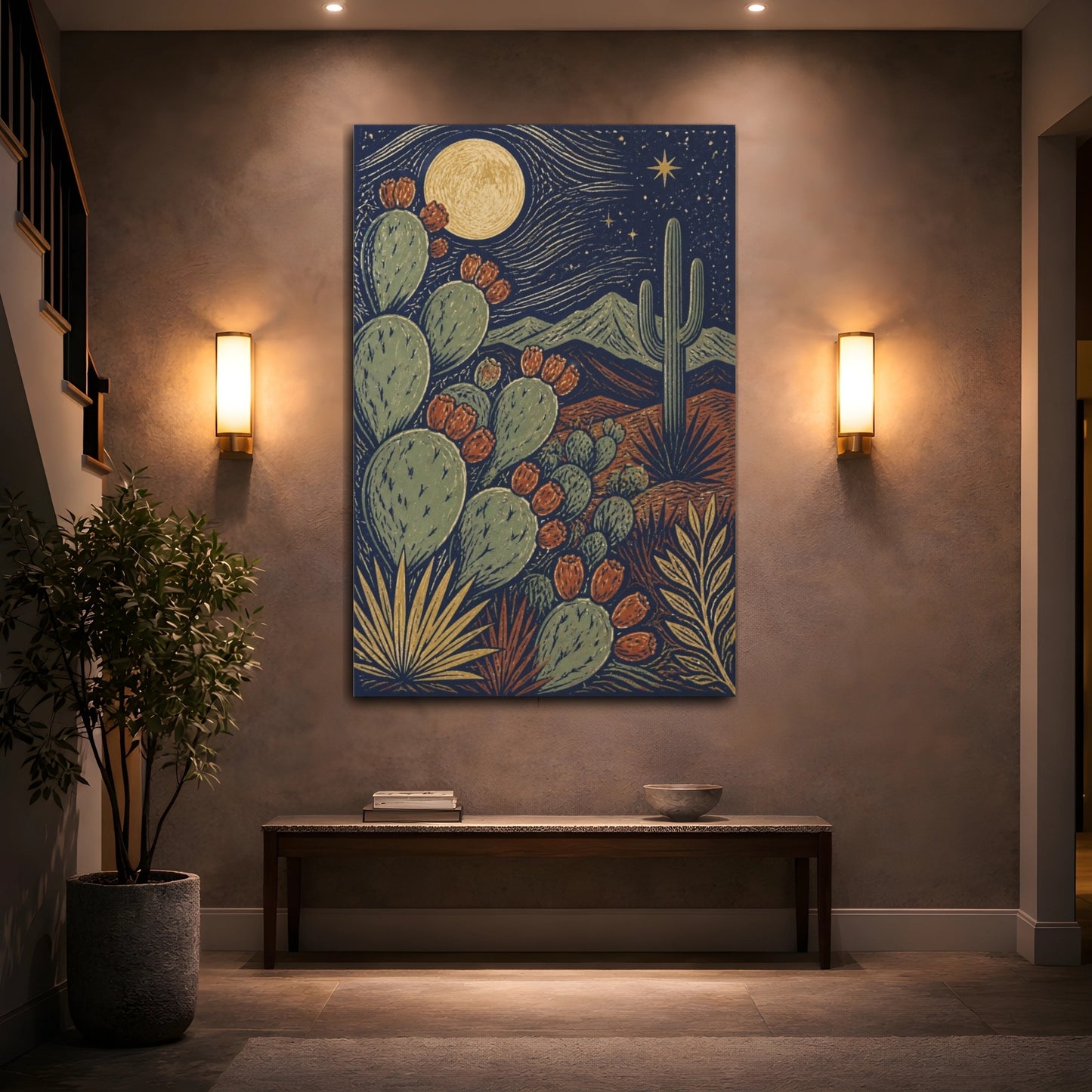 Mockup 2. Boho Prickly Pear Moonrise shown as canvas print