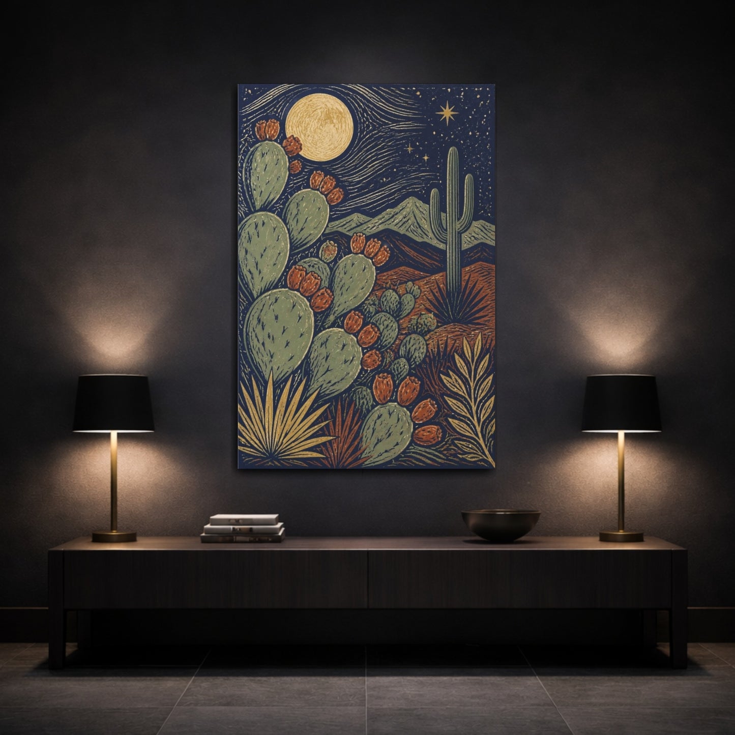 Mockup 3. Boho Prickly Pear Moonrise shown as canvas print