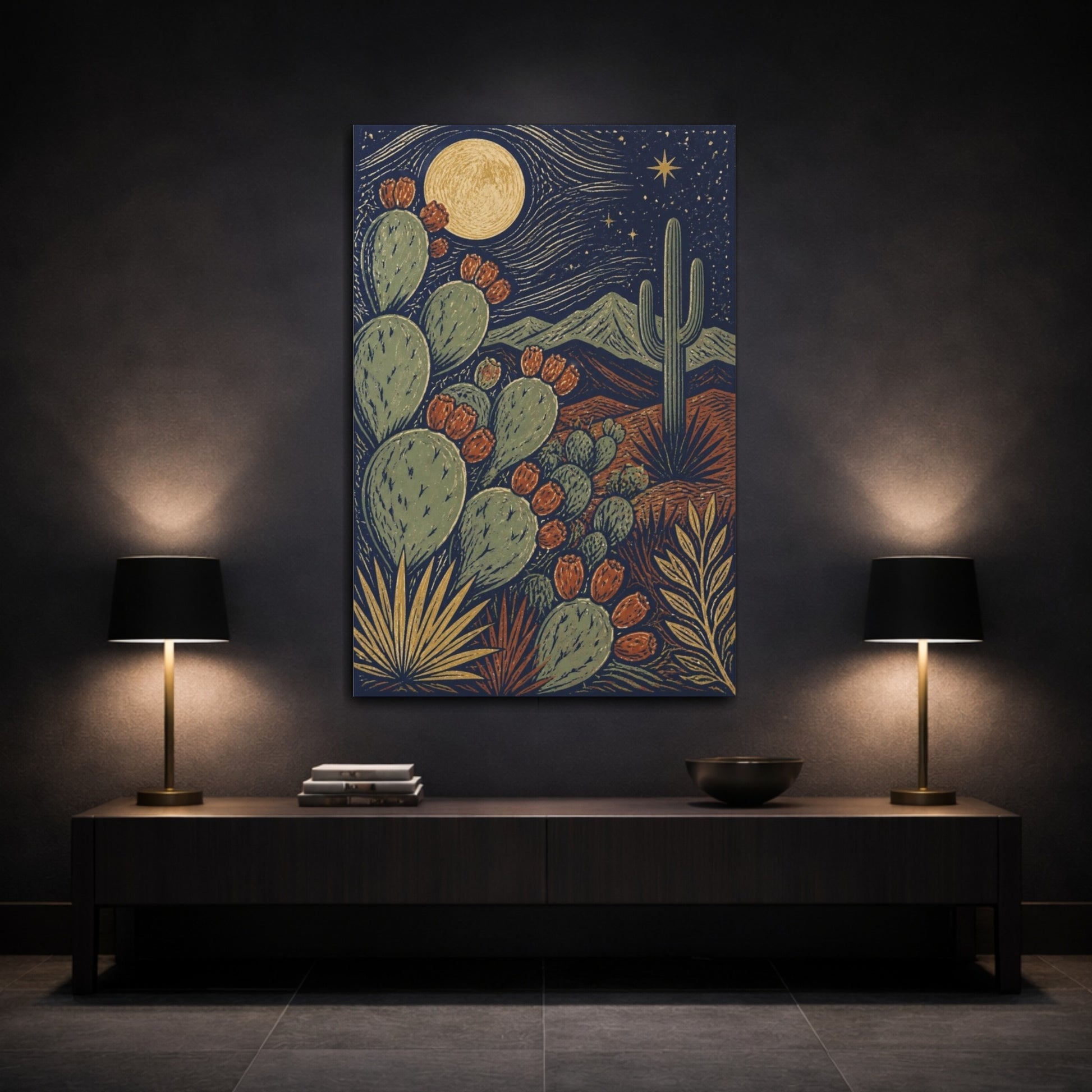 Mockup 3. Boho Prickly Pear Moonrise shown as canvas print