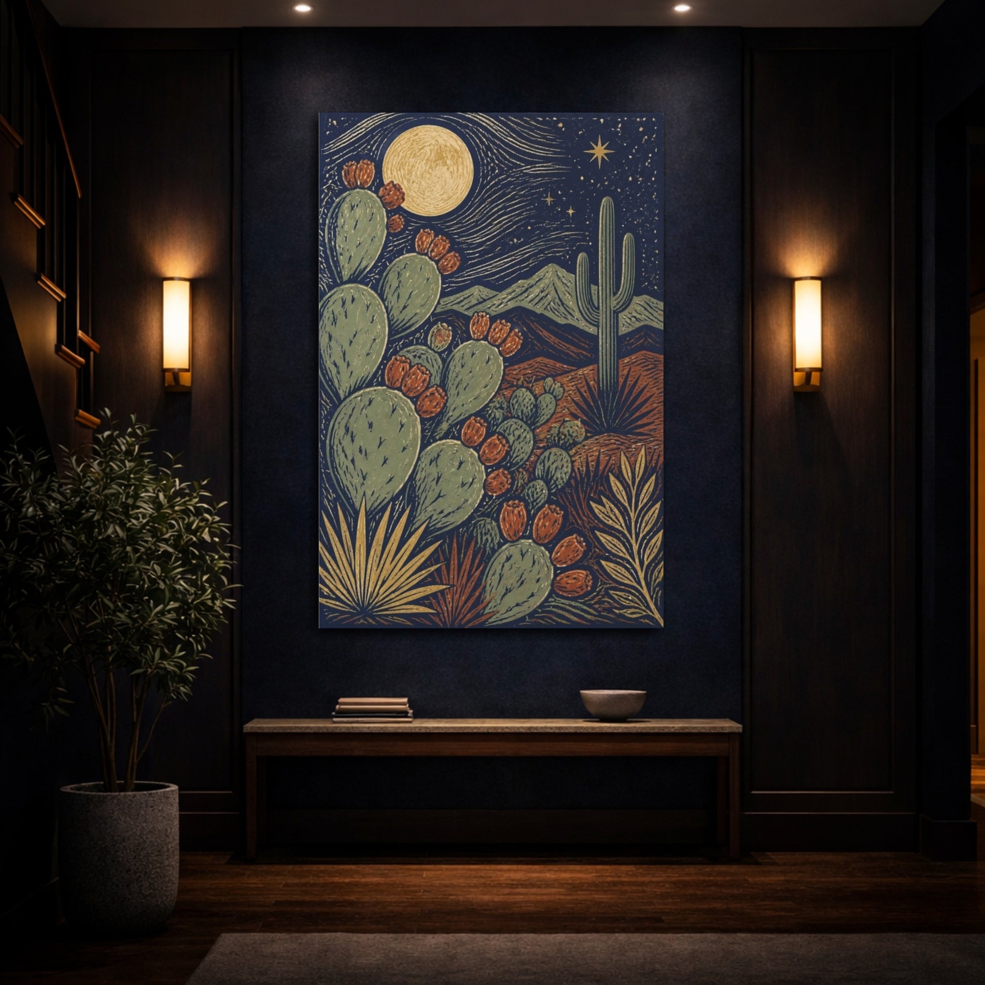 Mockup 4. Boho Prickly Pear Moonrise shown as canvas print