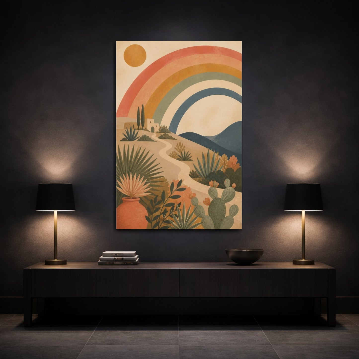 Mockup 3. Boho Rainbow Landscape shown as canvas print