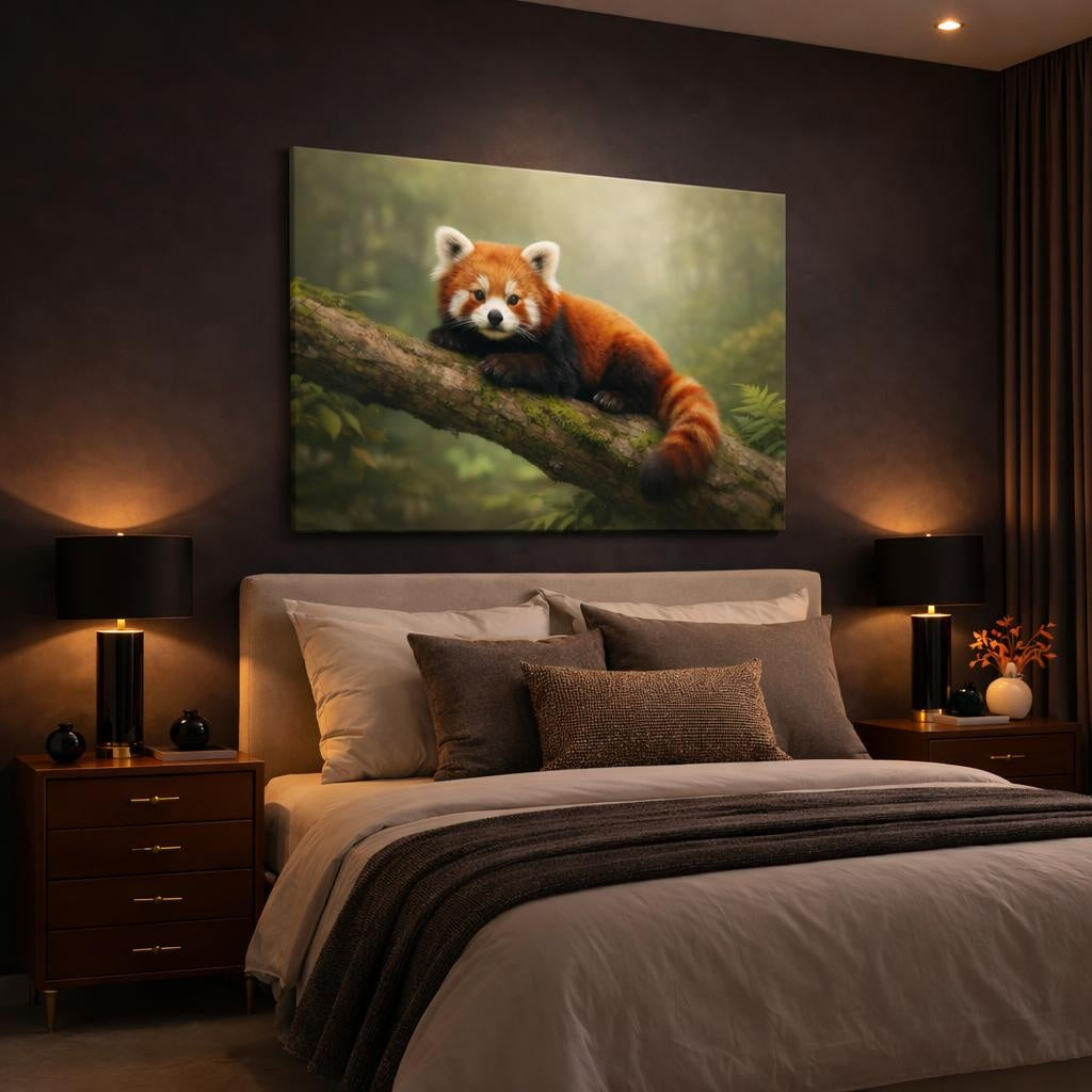 Boho Red Panda shown as canvas wall art in a luxury bedroom