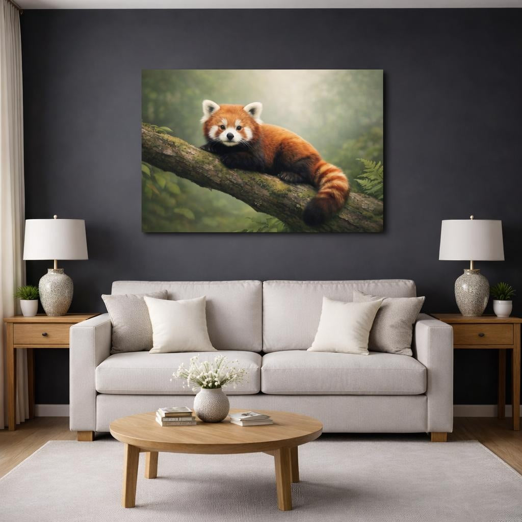 Boho Red Panda shown as canvas wall art in a modern living room