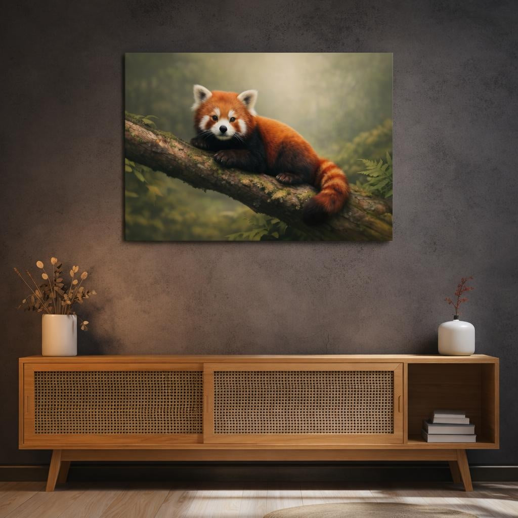 Boho Red Panda shown as canvas wall art in a refined dining room