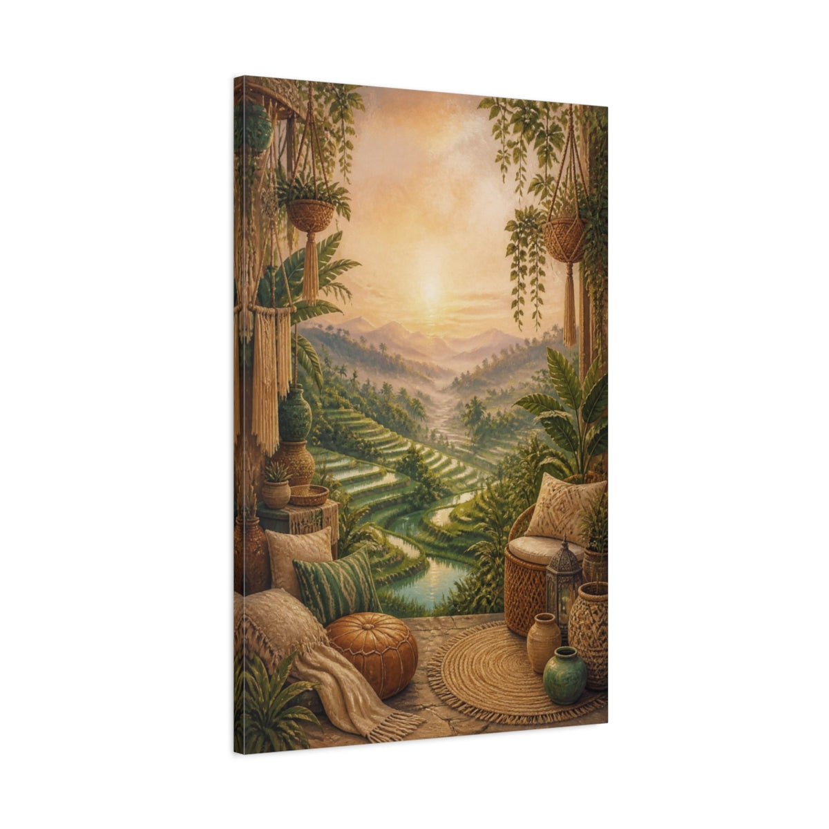 Main Mockup. Boho Rice Terraces Sunrise shown as canvas print