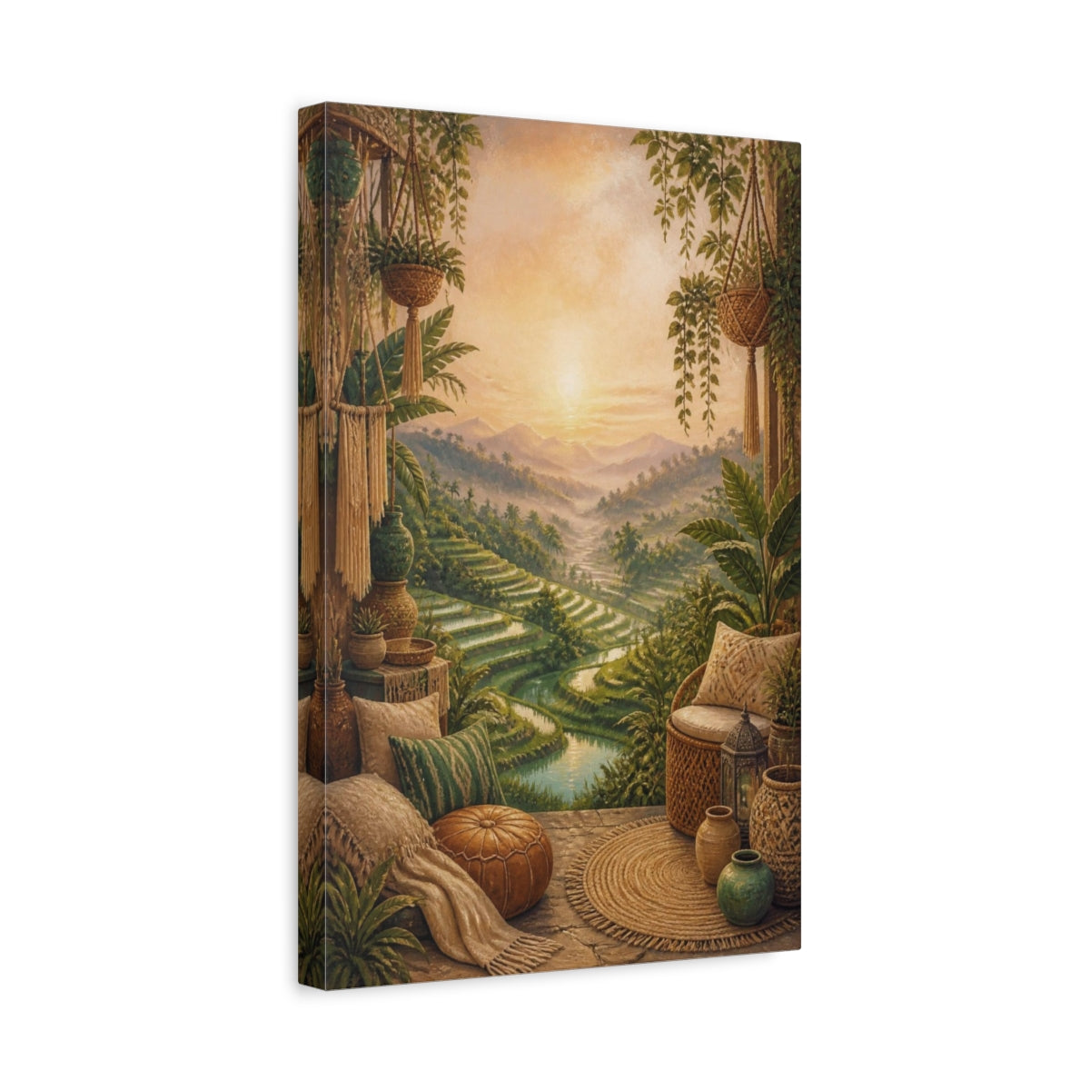 Side Mockup 4. Boho Rice Terraces Sunrise shown as canvas print
