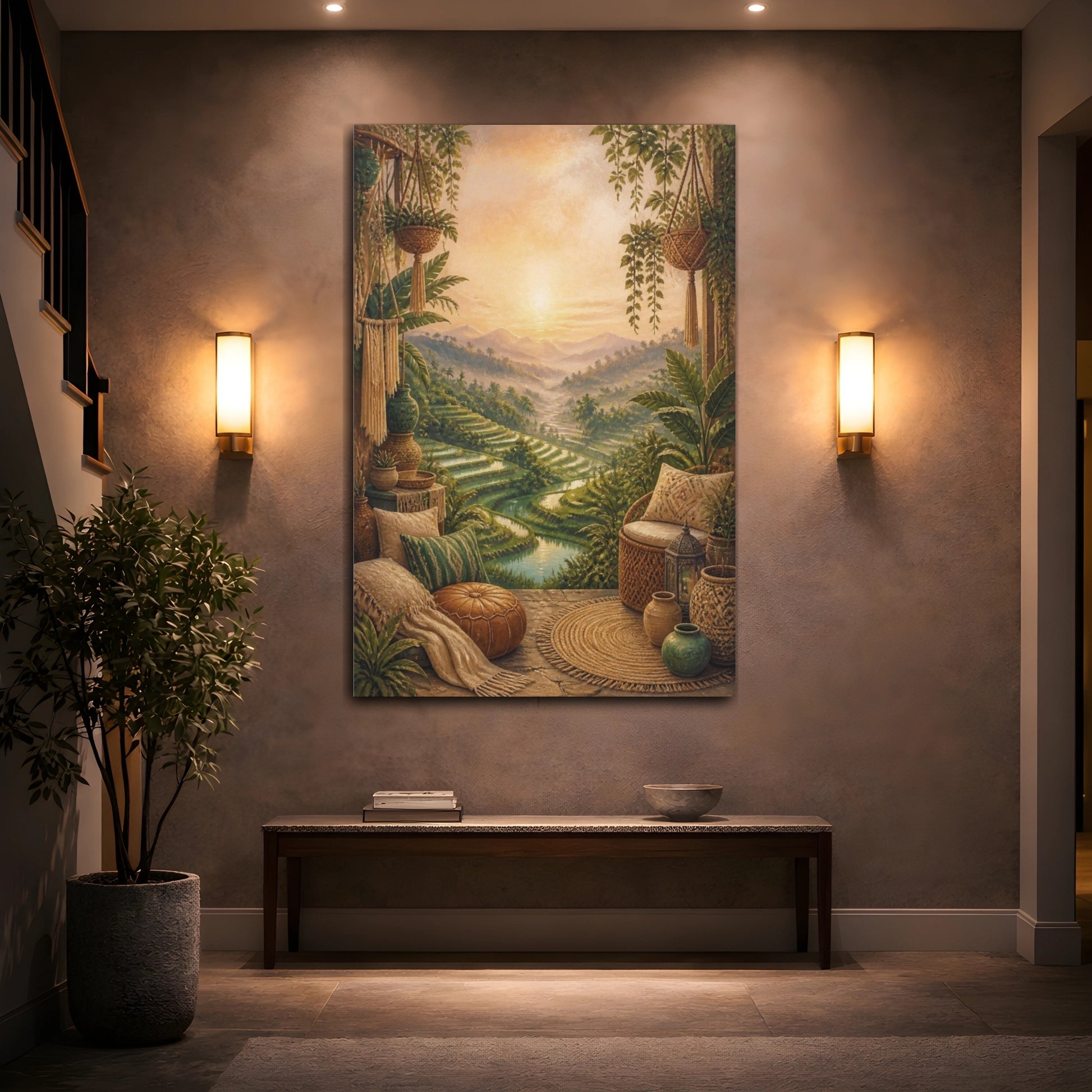 Mockup 2. Boho Rice Terraces Sunrise shown as canvas print