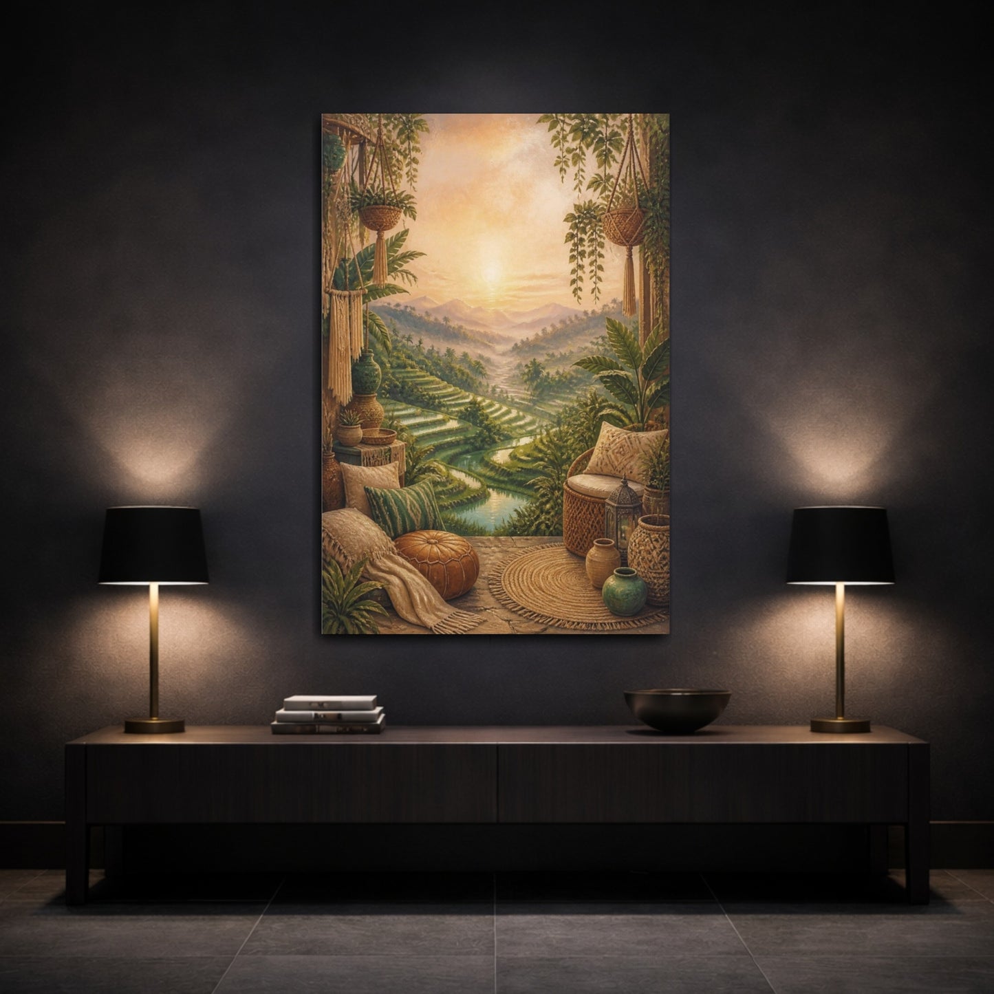 Mockup 3. Boho Rice Terraces Sunrise shown as canvas print