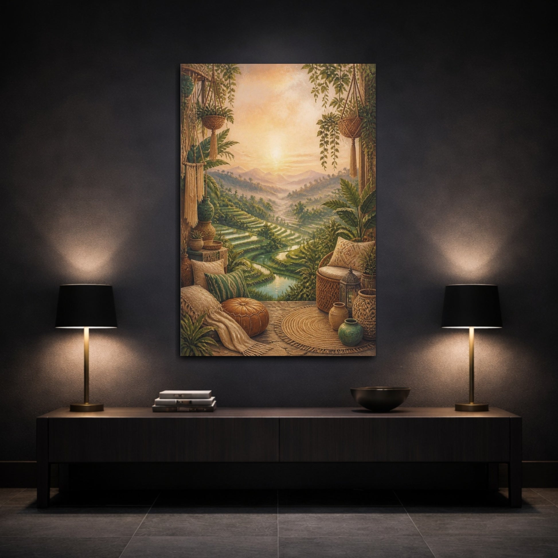 Mockup 3. Boho Rice Terraces Sunrise shown as canvas print