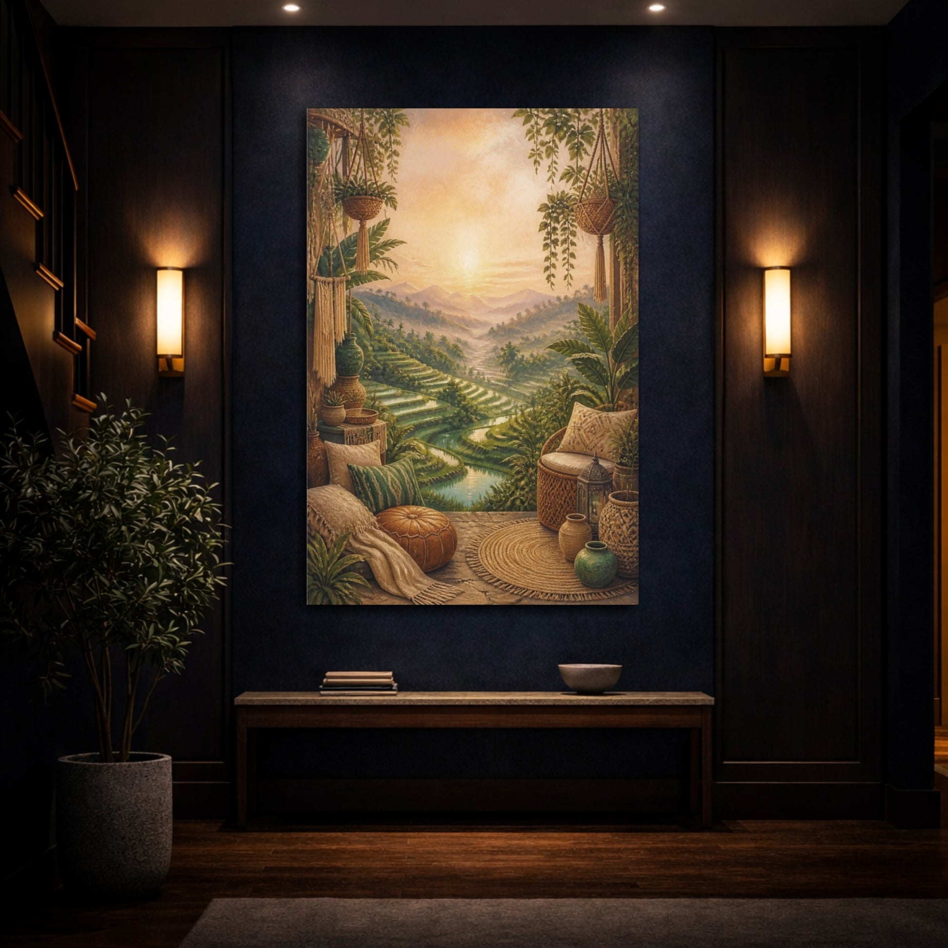 Mockup 4. Boho Rice Terraces Sunrise shown as canvas print
