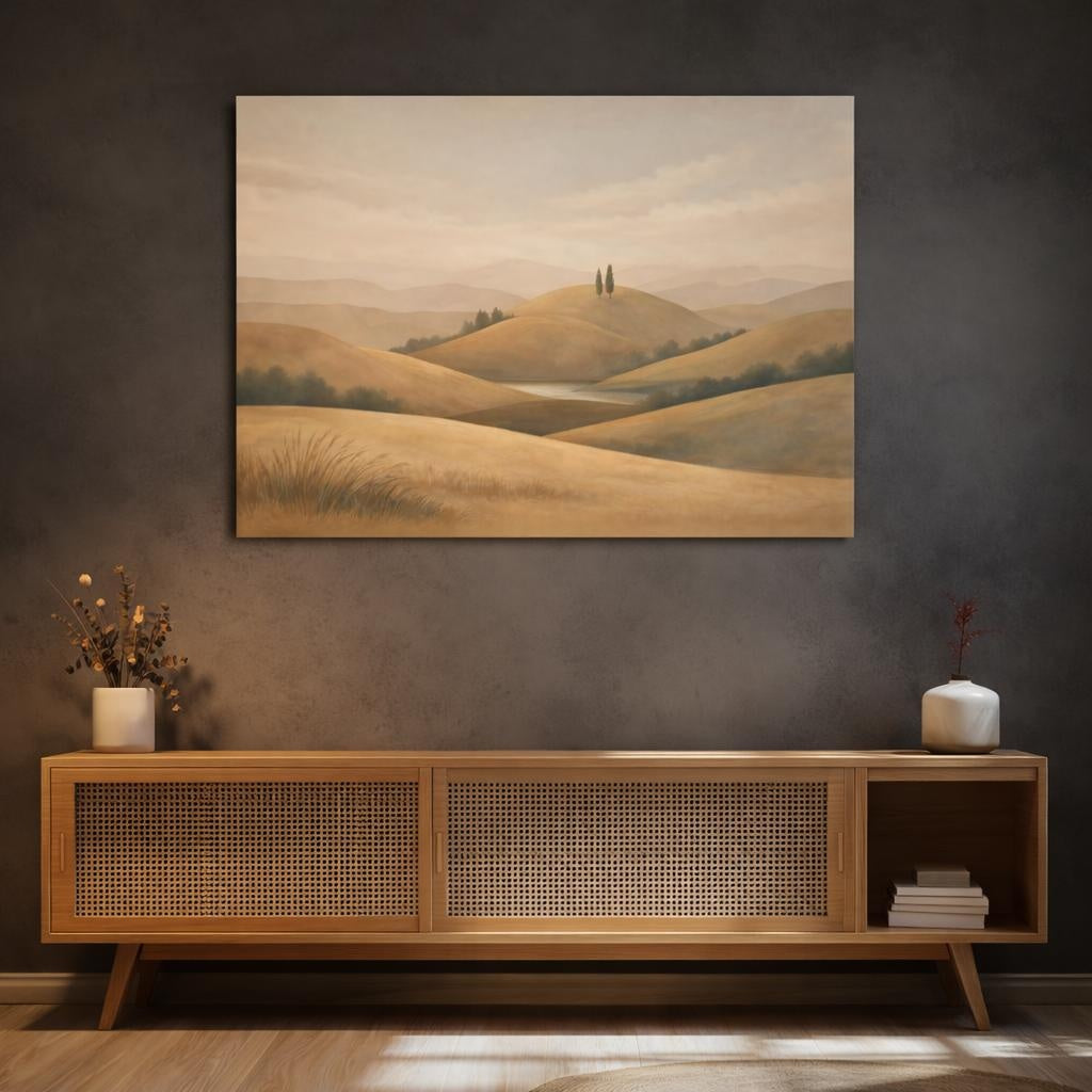 Boho Rolling Hills shown as canvas wall art in a luxury executive office
