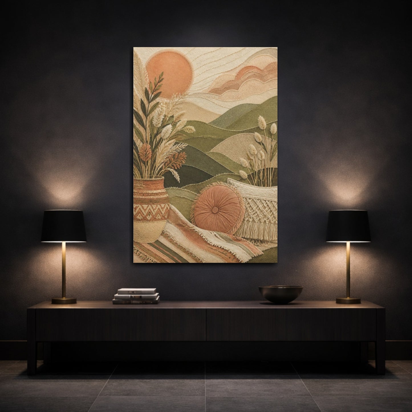 Mockup 3. Boho Sage Hills Landscape shown as canvas print
