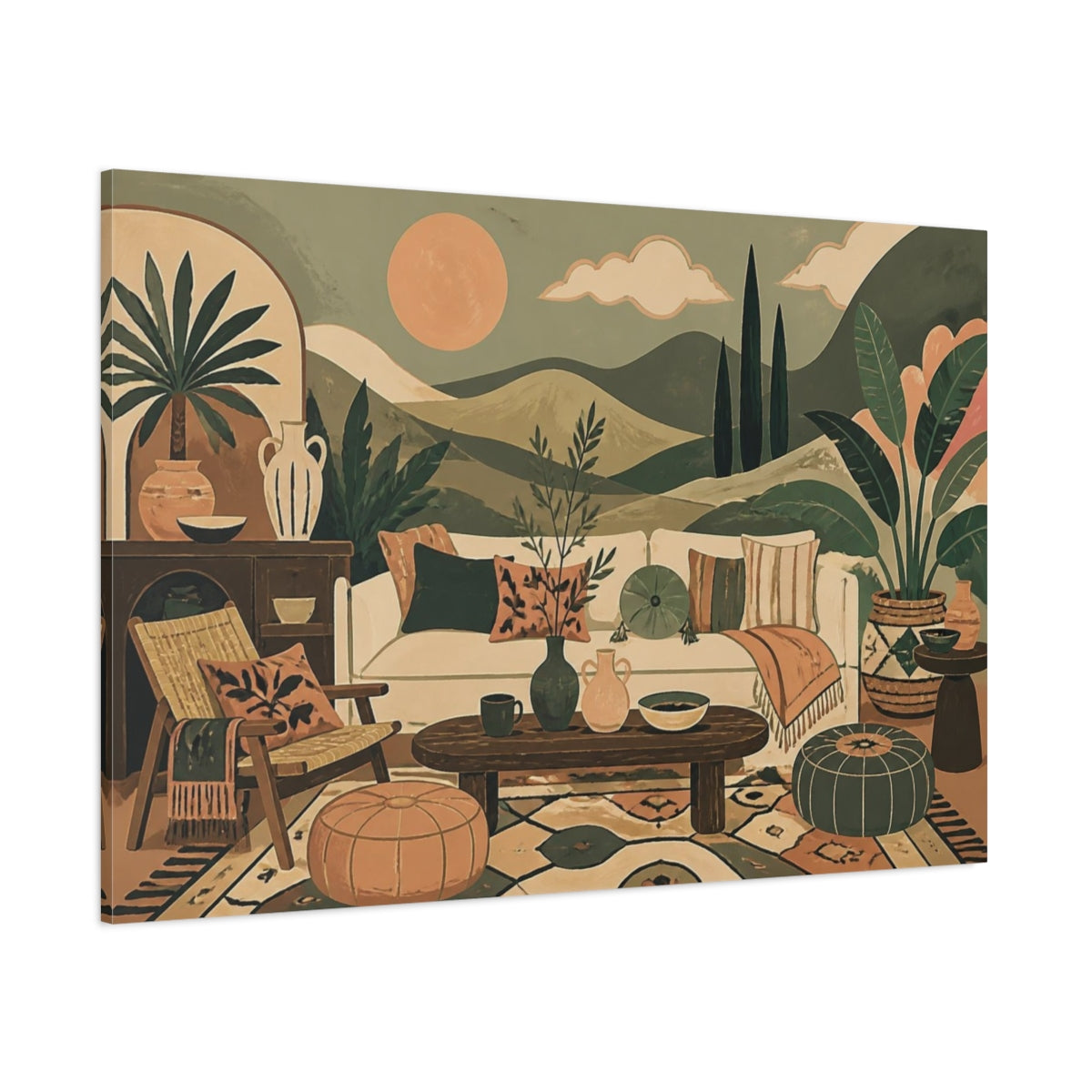 Side Mockup 1. Boho Sage Hills Sofa shown as canvas print
