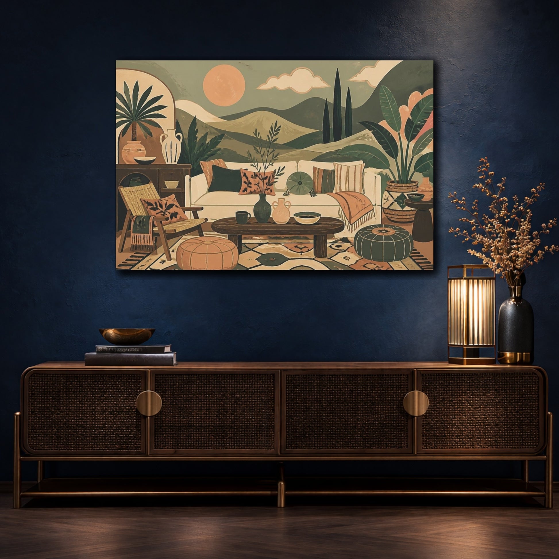 Mockup 4. Boho Sage Hills Sofa shown as canvas print