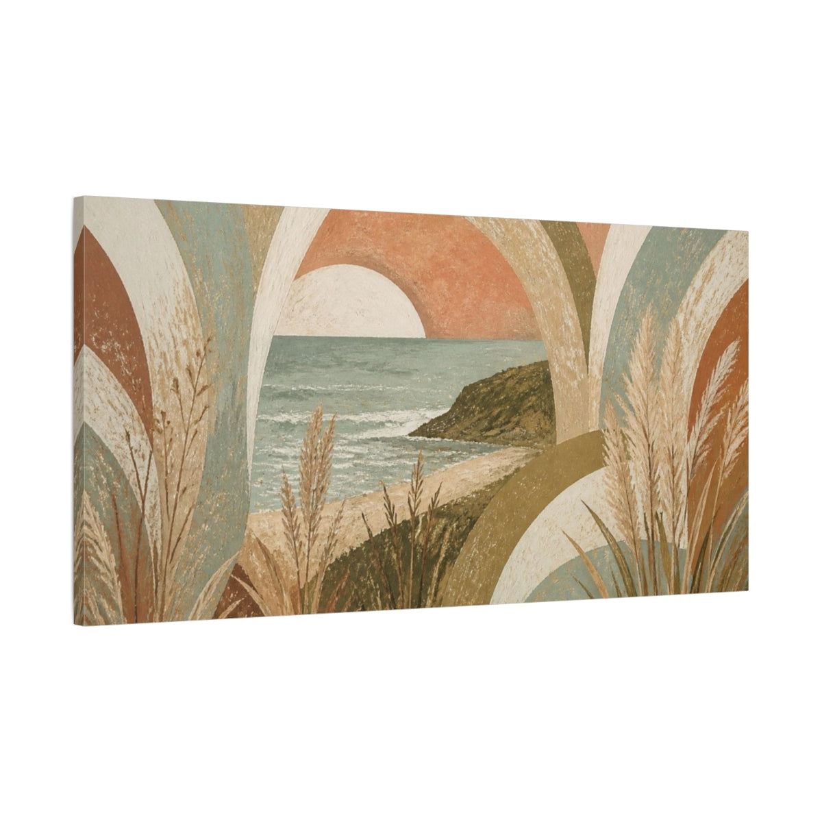 Main Mockup. Boho Seascape Sunset shown as canvas print