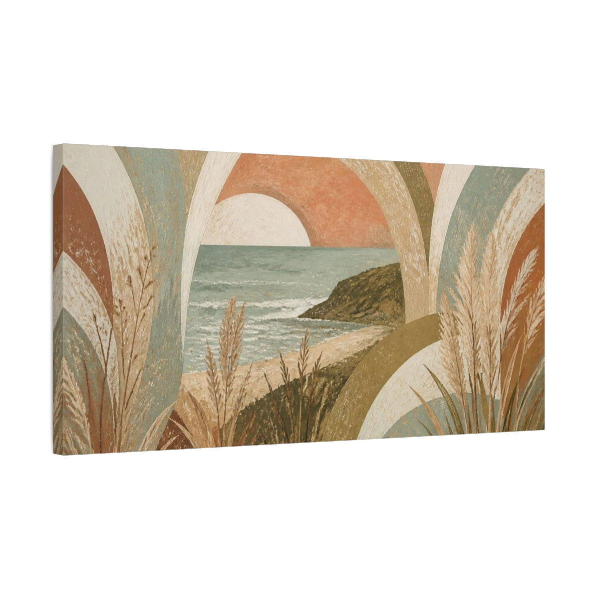Side Mockup 1. Boho Seascape Sunset shown as canvas print