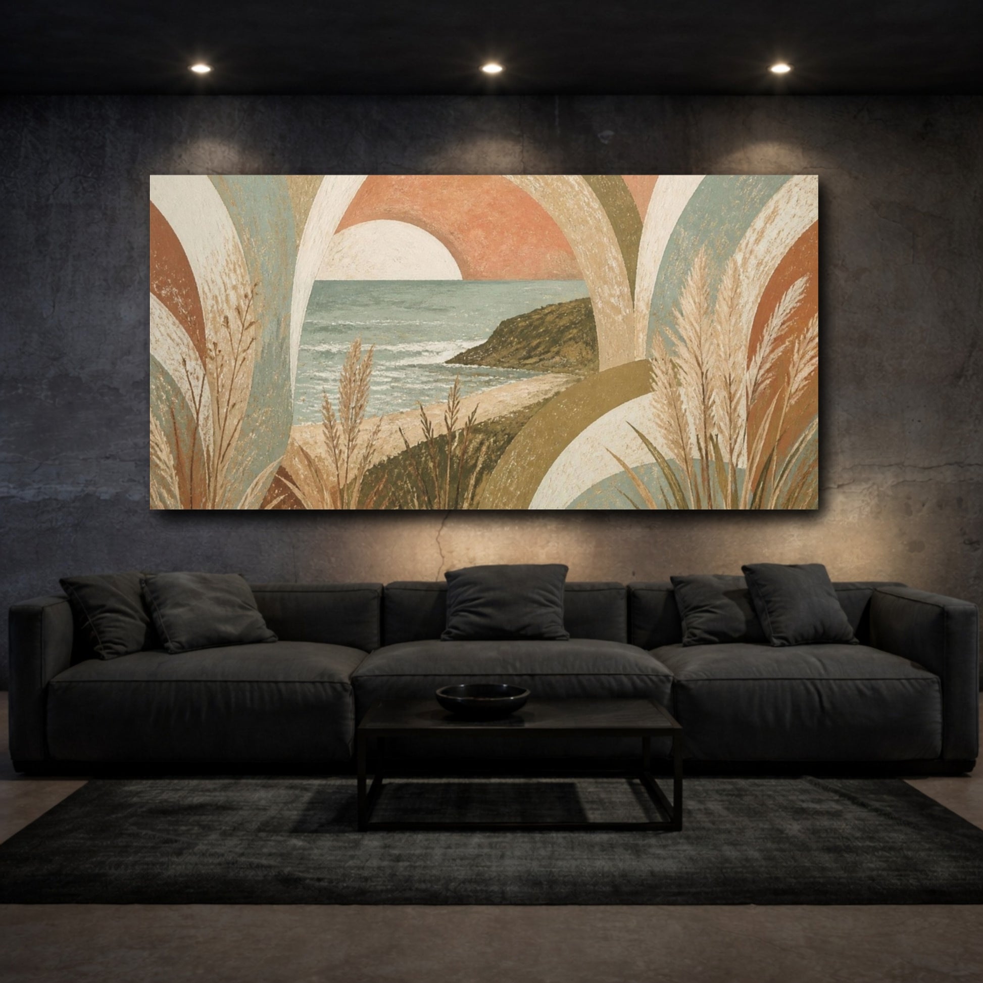 Mockup 3. Boho Seascape Sunset shown as canvas print