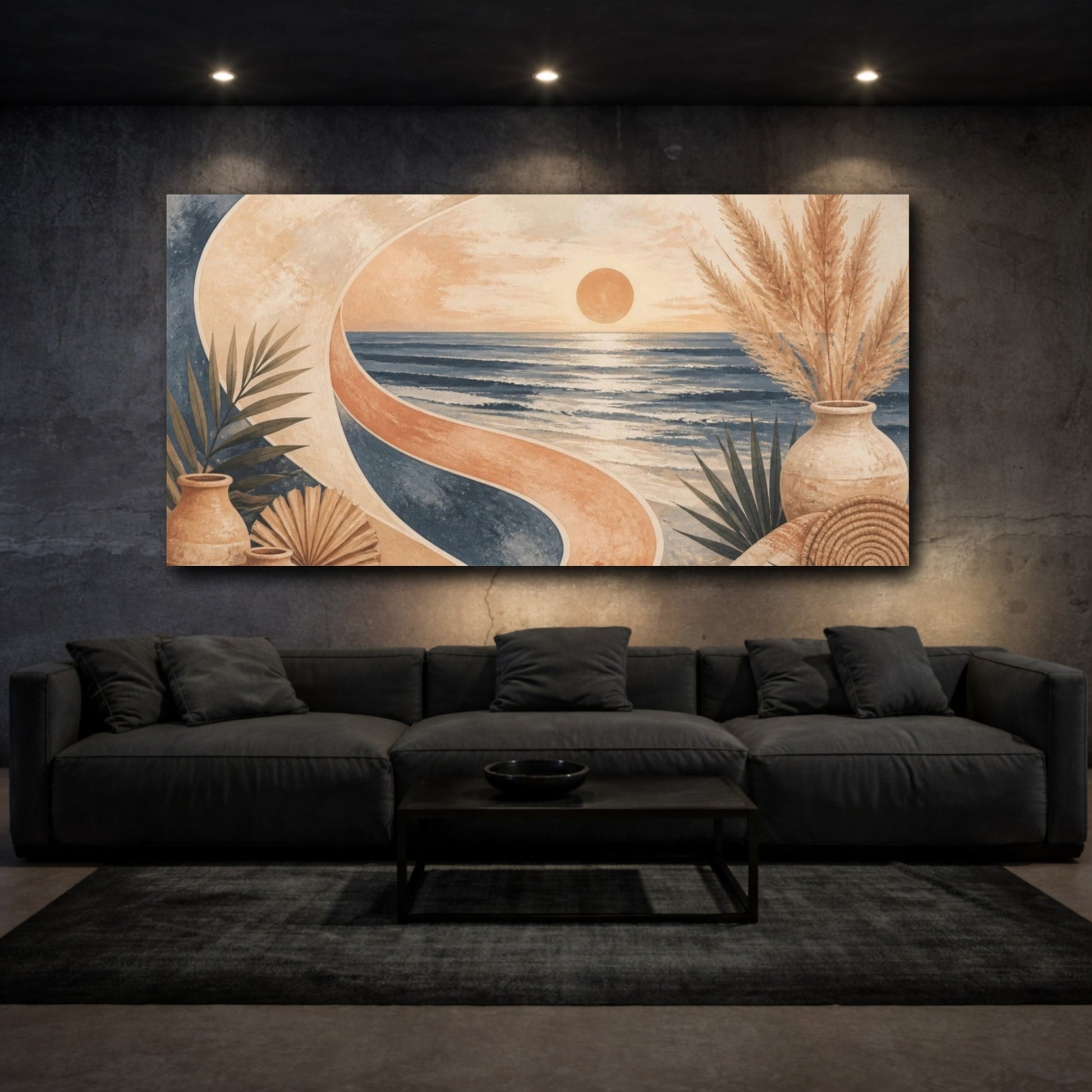 Mockup 3. Boho Seascape Sunset shown as canvas print