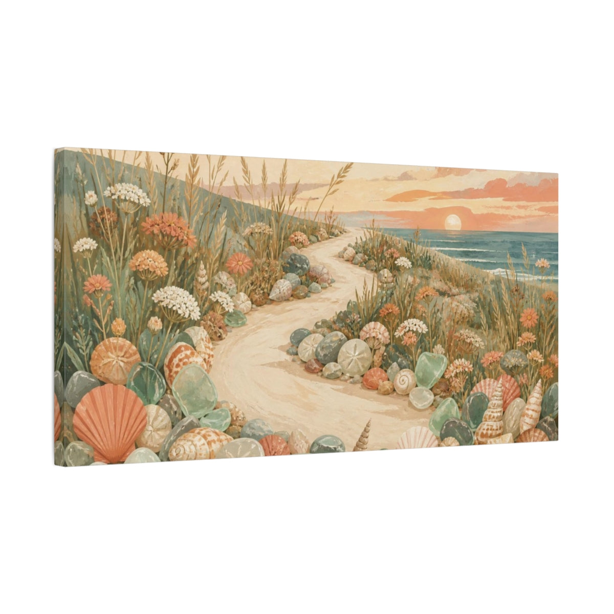 Side Mockup 1. Boho Seashell Path shown as canvas print
