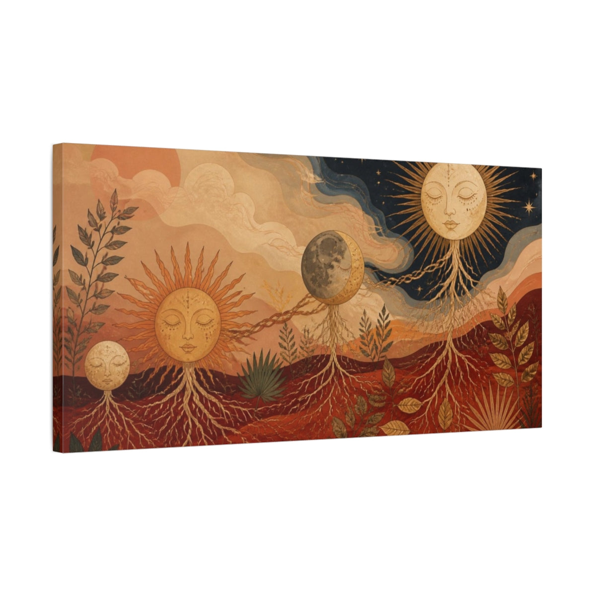 Side Mockup 1. Boho Sun And Moon shown as canvas print