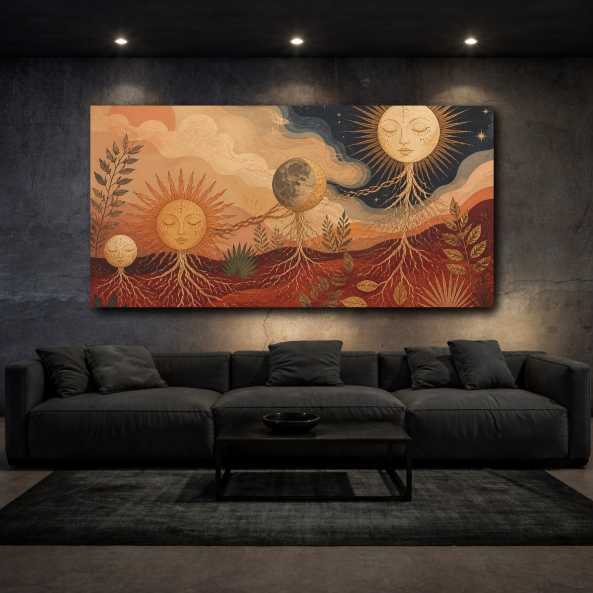 Mockup 3. Boho Sun And Moon shown as canvas print