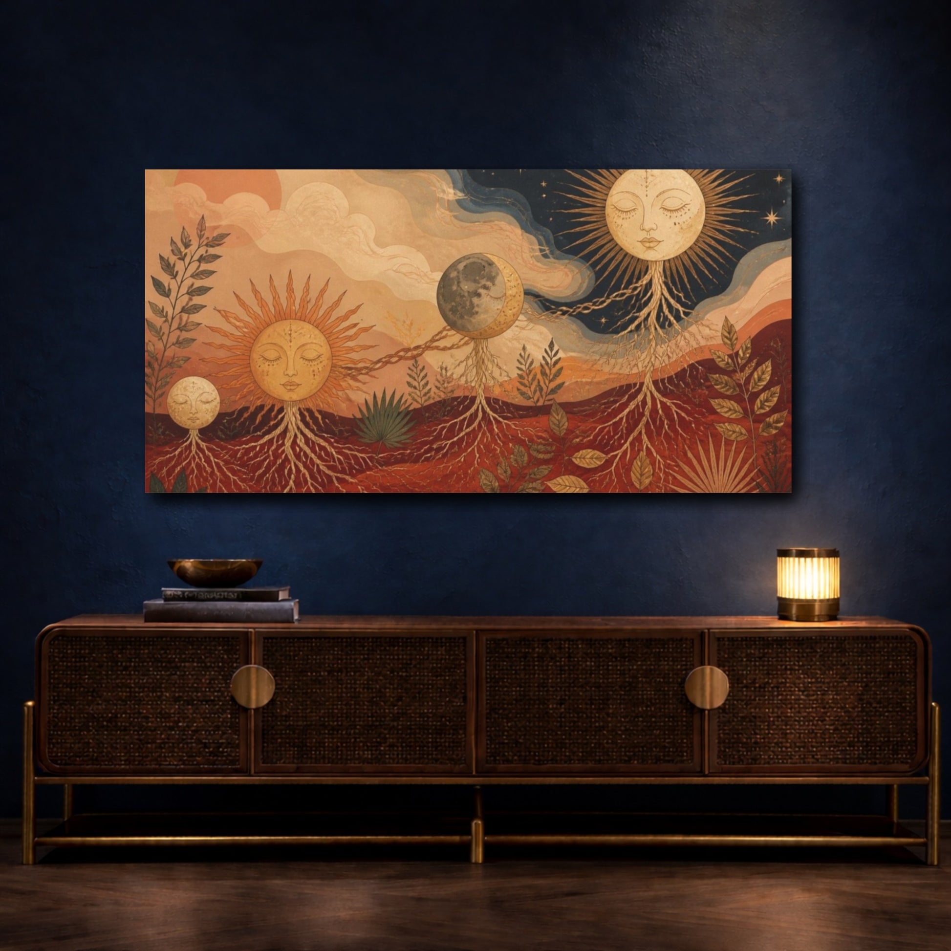 Mockup 4. Boho Sun And Moon shown as canvas print