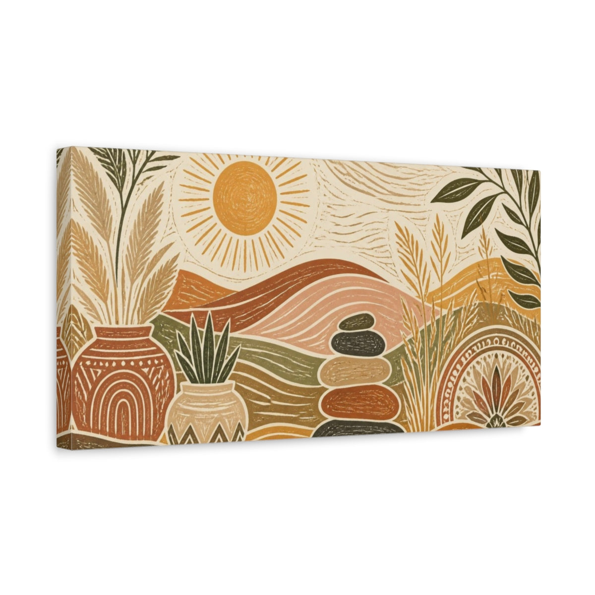 Side Mockup 3. Boho Sunlit Landscape shown as canvas print