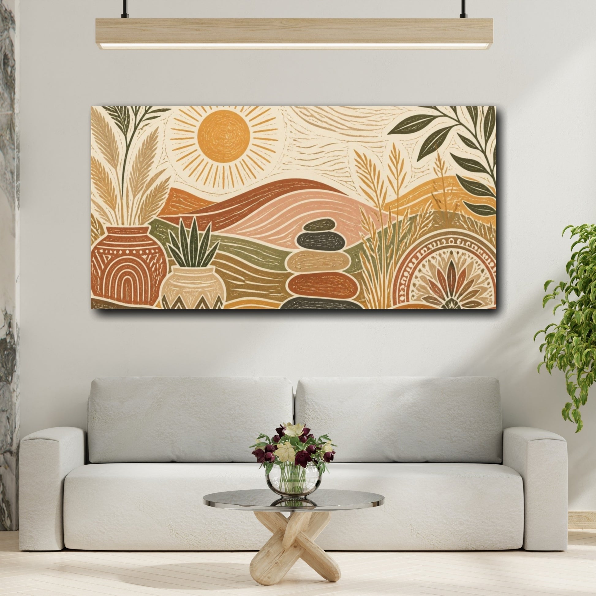 Mockup 2. Boho Sunlit Landscape shown as canvas print