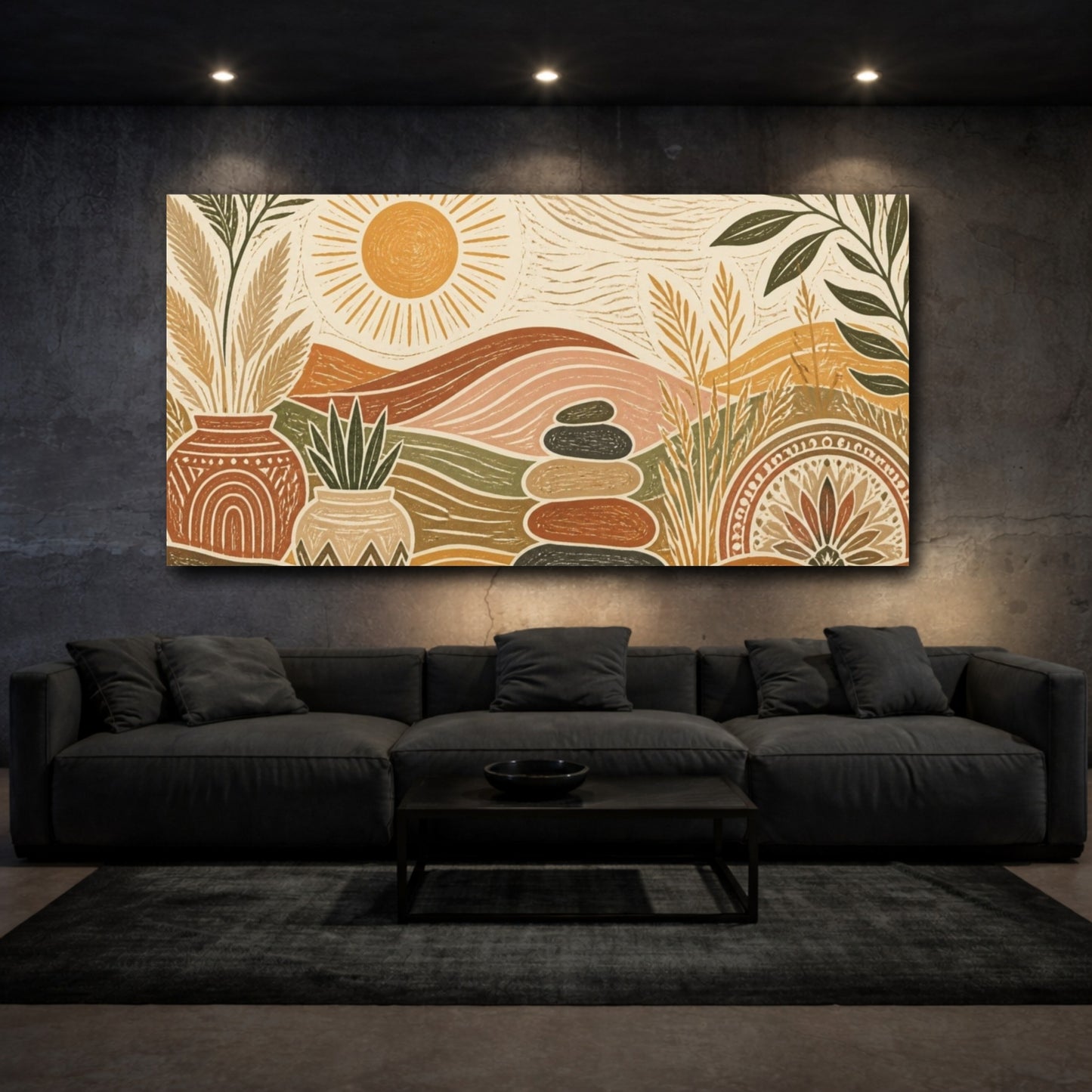 Mockup 3. Boho Sunlit Landscape shown as canvas print